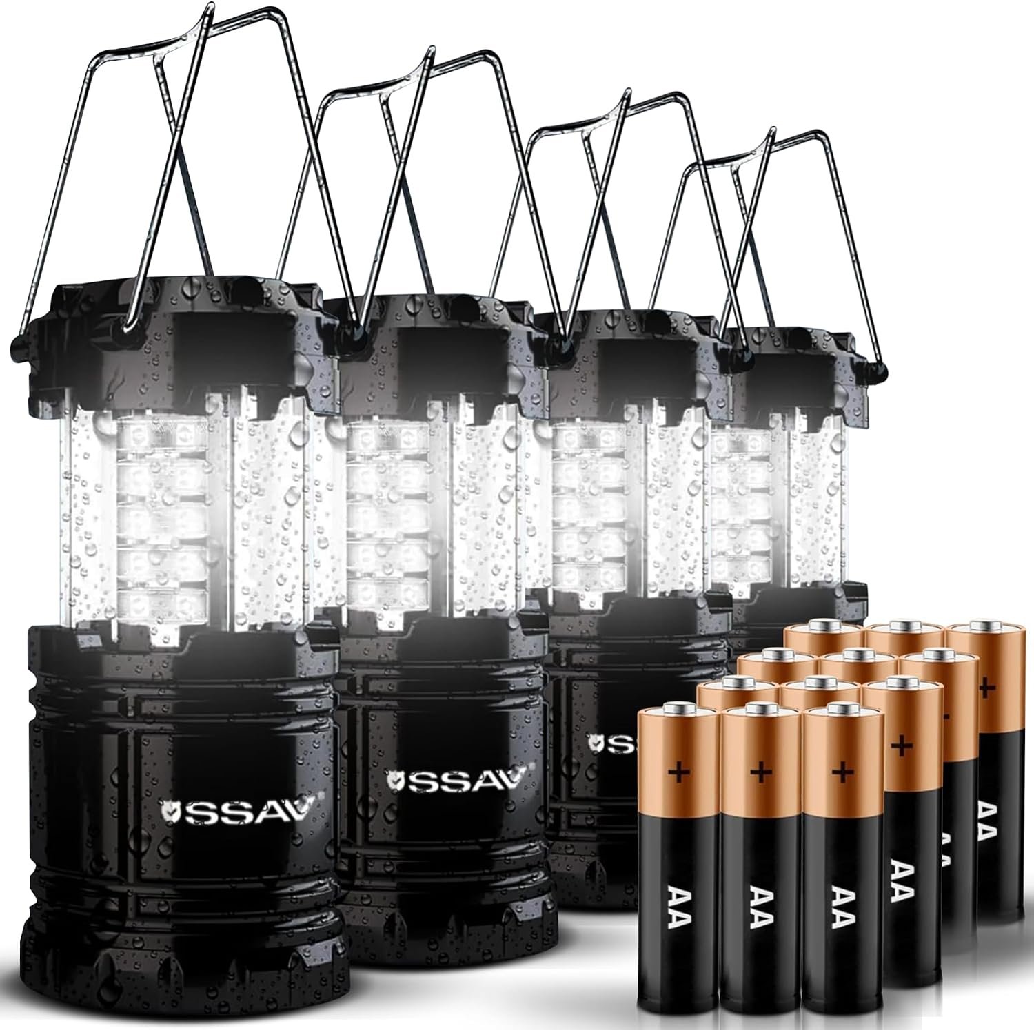 SSAV 4 Pack LED Camping Lantern, Emergency Lanterns for Power Outages & Hurricane Preparedness, Collapsible Portable Survival Lights for Camping, Storms & Emergencies (Batteries Included, Black)