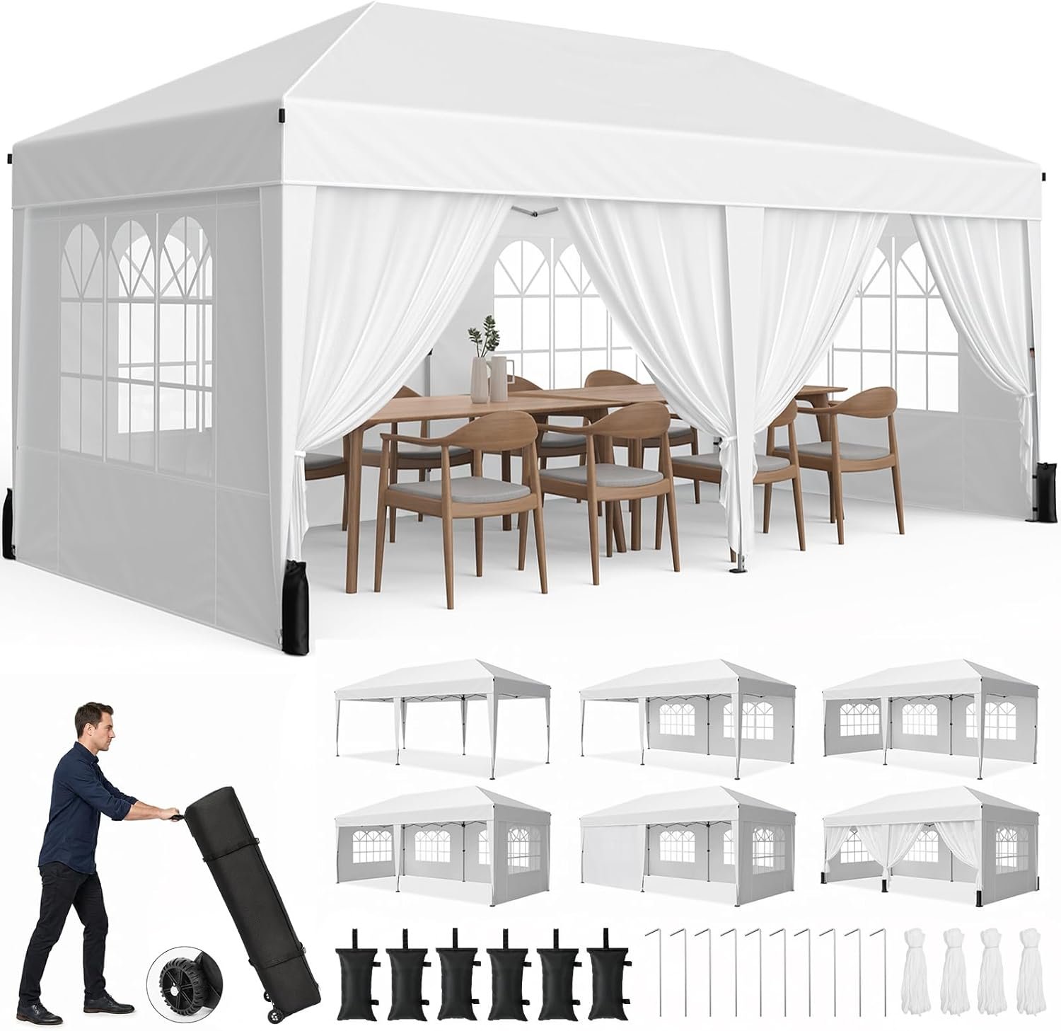 Driftalia 10×20 Pop up Canopy Tent with 6 Sidewalls, Outdoor Canopy with Windows & Roller Bag, Party Tent for Commercial Events, Weddings, Camping – White