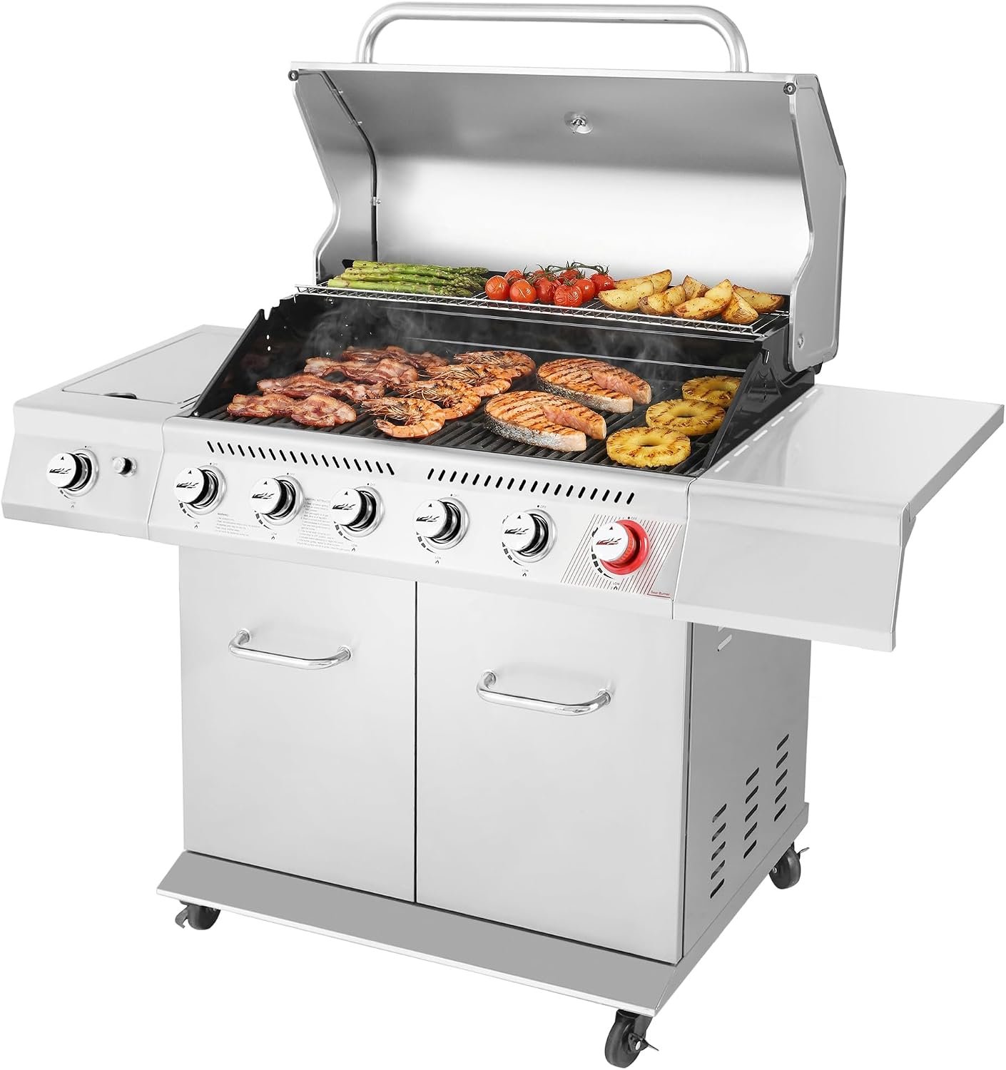 Royal Gourmet GA6402S 6-Burner Propane Gas Grill with Side Burner, Silver | Totaling 74,000 BTU of Cooking Power | Cabinet Style Outdoor BBQ Grill | Perfect for Barbecue Grilling & Backyard Cooking