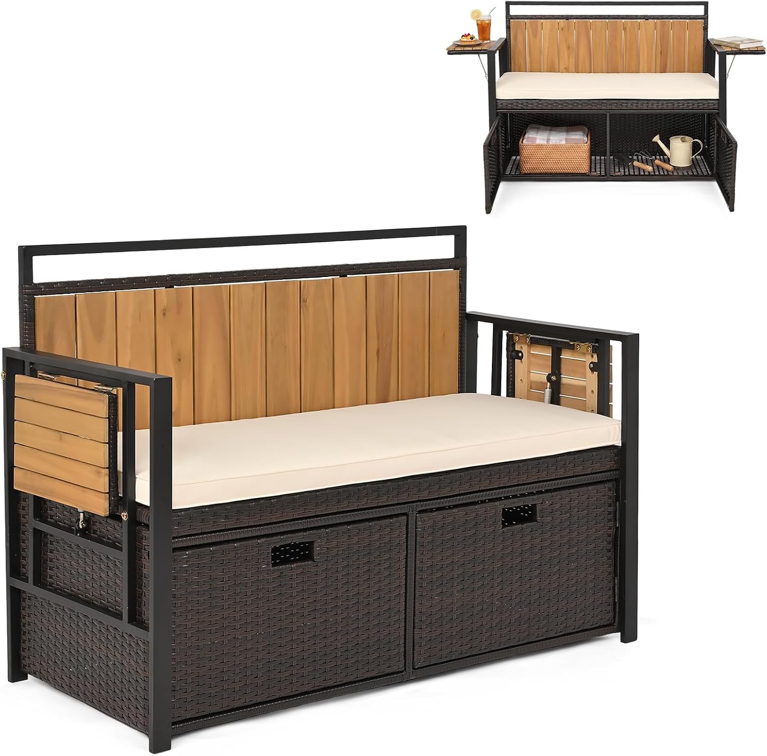 Outdoor Storage Bench, Outside Cushioned Loveseat Seating with Acacia Wood Backrest, 2 Folding Side Tables & 2 Doors, PE Rattan Deck Box for Patio Cushions, Garden Tools & Pool Supplies