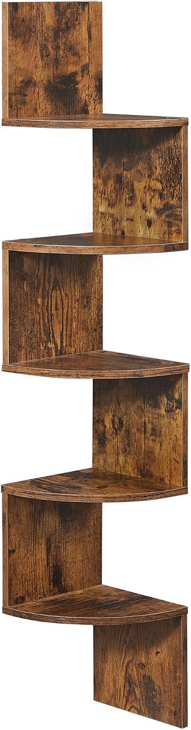 VASAGLE CUSTOS Collection – Corner Shelf Wall Mount, 5-Tier Floating Corner Bookshelf, Plant Shelf for Bedroom, Living Room, Bathroom, Home Office, Rustic Brown ULBC72BX