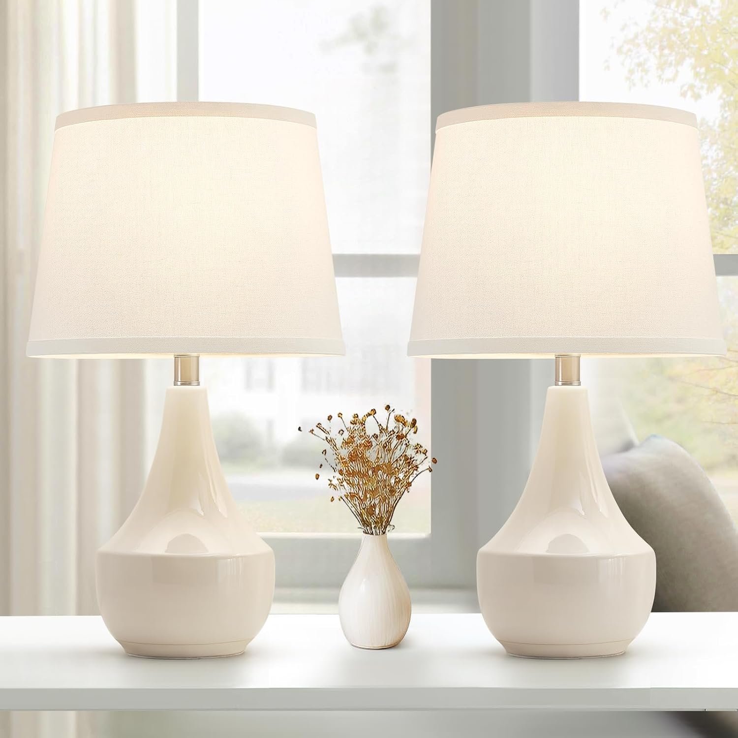 GyroVu 18″ Table Lamp Set of 2, Ceramic Table Lamp Classic Beside Lamps Nightstand Lamp Modern Lamp for Living Room, Bedroom & Office Rocker Swtich Cream-LED Bulbs Included
