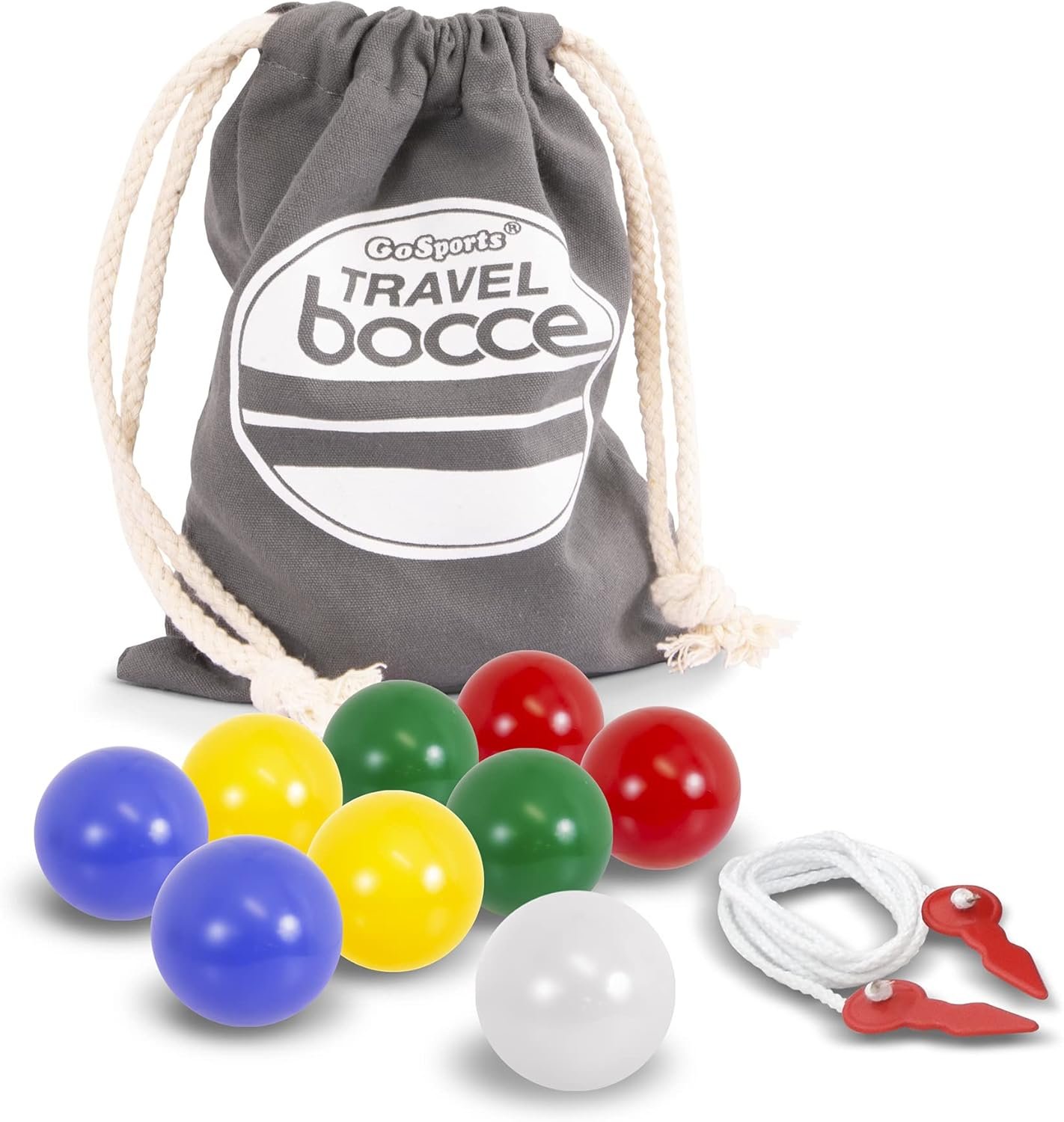GoSports Mini Travel Size Bocce Game Set with 8 Balls, Pallino, Tote Bag and Measuring Rope – Choose Your Size