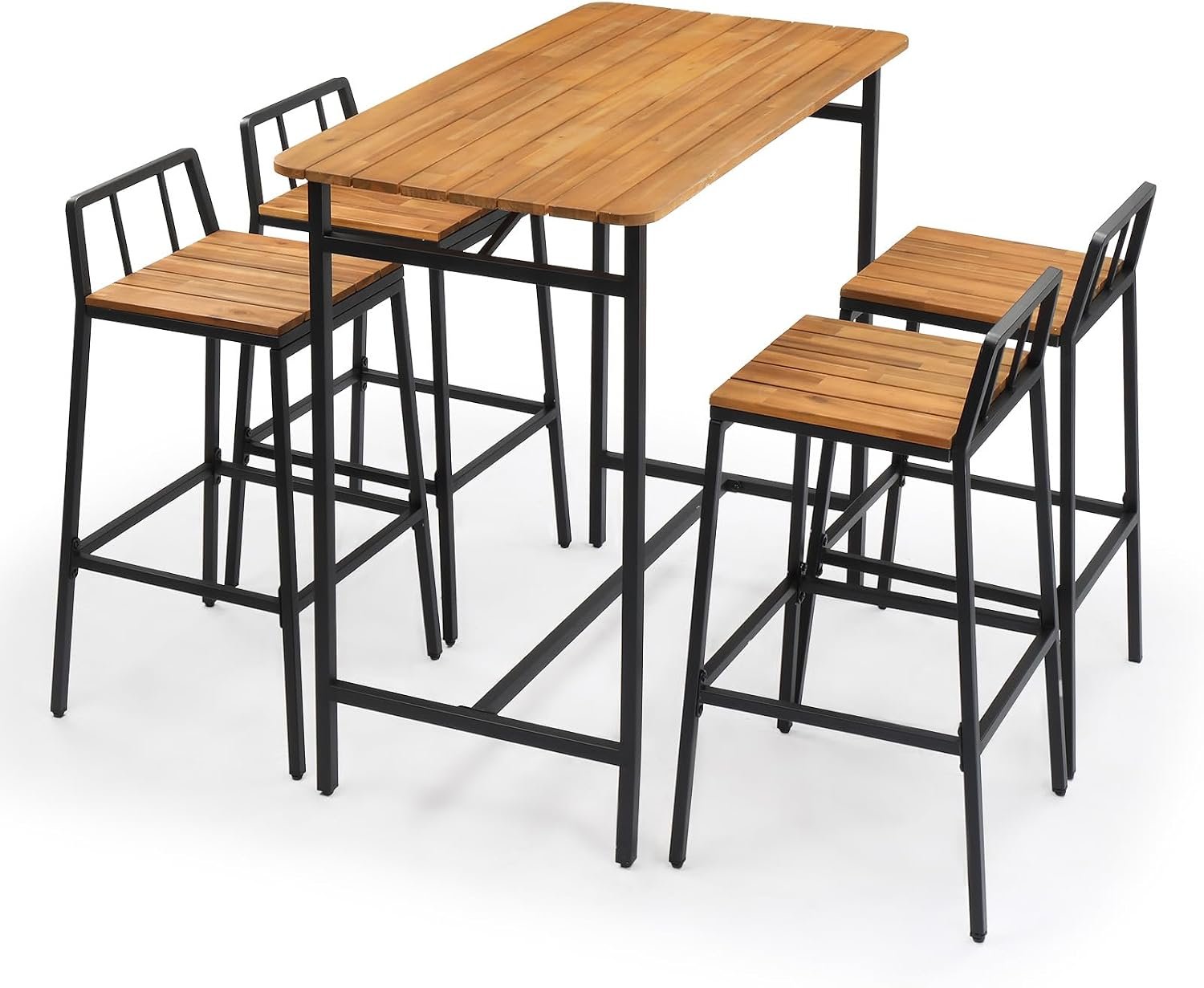 VINGLI 5 Pieces Outdoor Dining Set, Acacia Wood Outdoor Bar Table and Chairs Set for Porch Poolside Backyard Garden Balcony