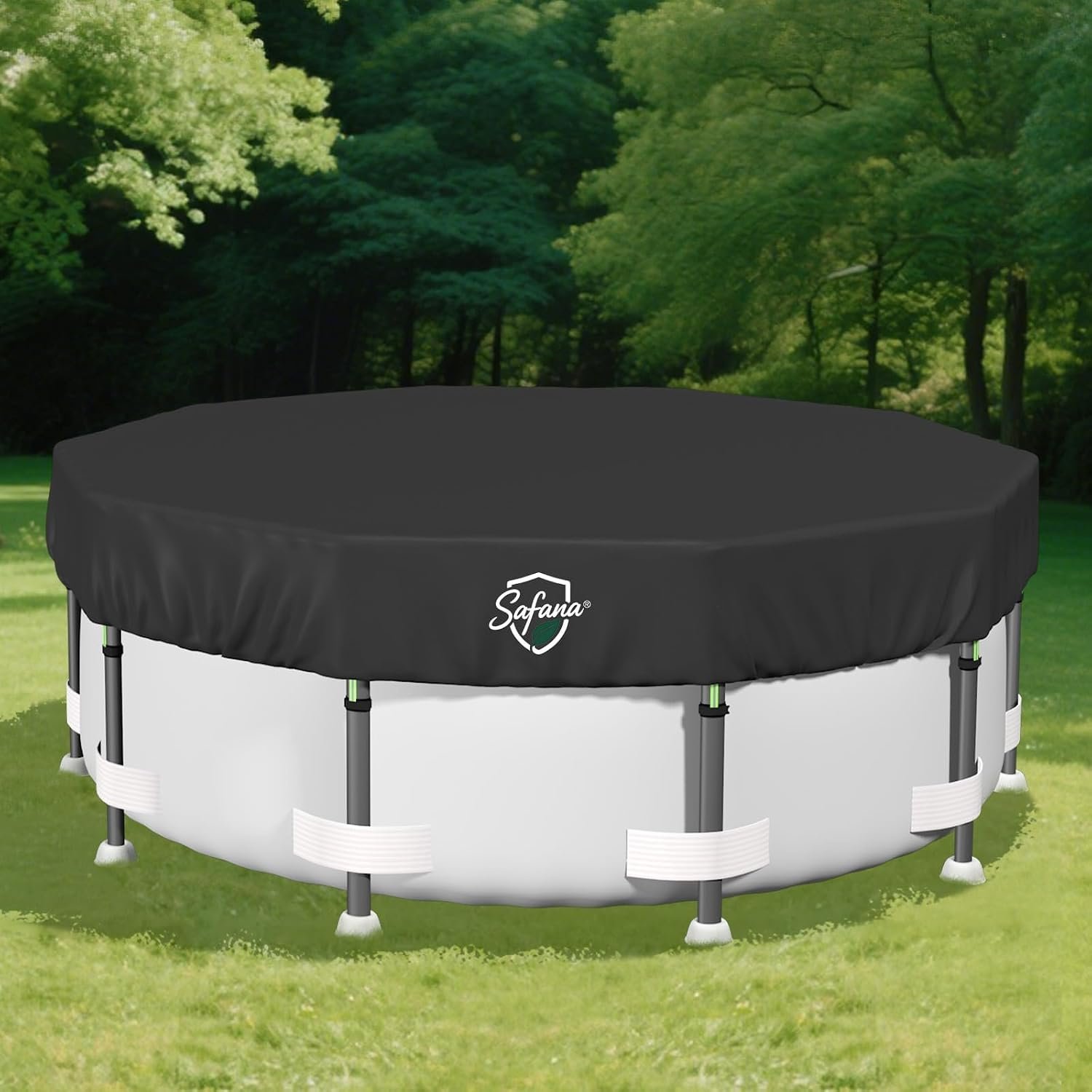 SAFANA 12FT Pool Cover for Above Ground Pool, 12ft Round Swimming Pool Cover [Upgrade 420D Thicker] Protective Leaf Cover with Reflective Strip, Tear Resistant Durability Fabric, UV Resistance, Black