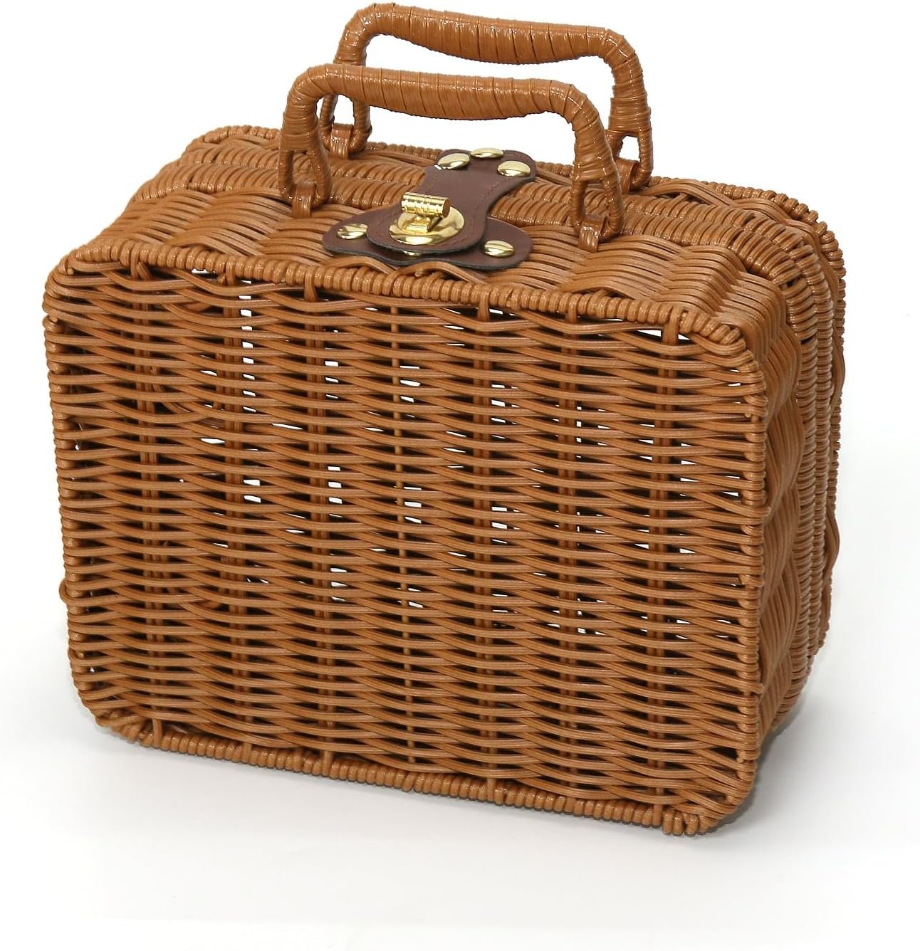 Mini Wicker Picnic Basket, Decorative Prop Suitcase Vintage Storage Hamper Makeup Organizer, 8.67″ Metal Lock Plastic Rattan Storage Box with Handles for Sundries Travel Camping and Outdoor Party