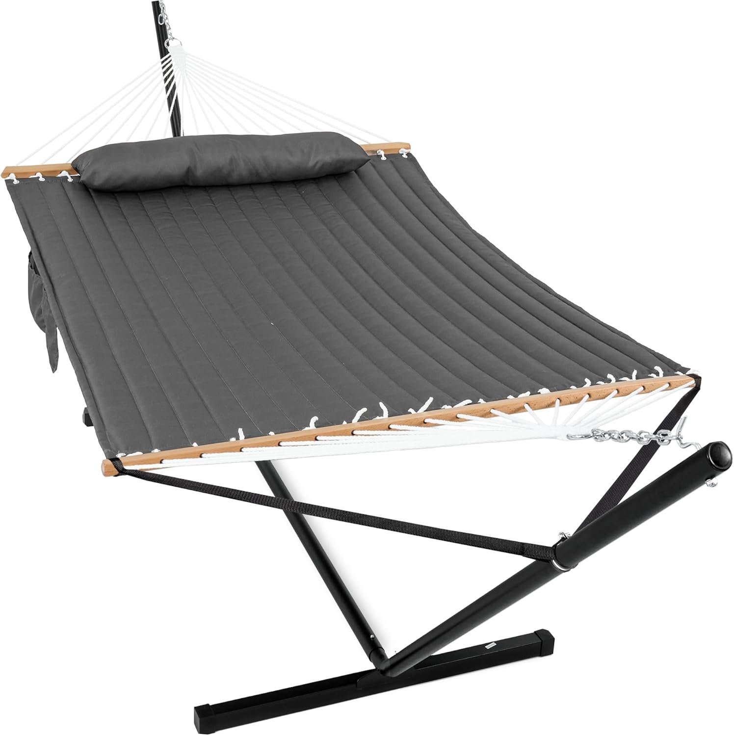 GAFETE 2 Person Hammock with Stand for Outside, Heavy Duty Steel Stand, 55inch Double Hammocks, Large Removable Pillow, Storage Bags, Max 475 lbs Capacity (Haze Gray)