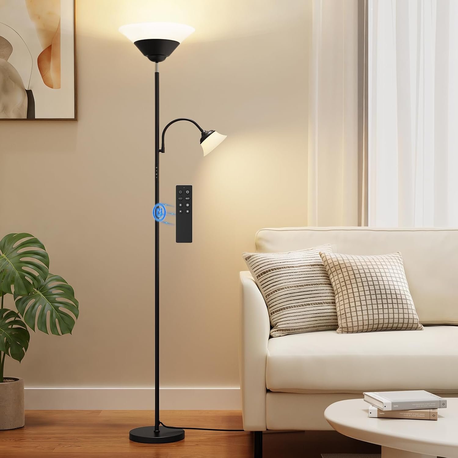 SIBRILLE 2-in-1 Torchiere Floor Lamp, 34W Super Bright LED Standing Lamp with Remote & Touch Control, 72″ Dimmable Adjustable Corner Reading Lamp for Living Room, Bedroom, Office, Black