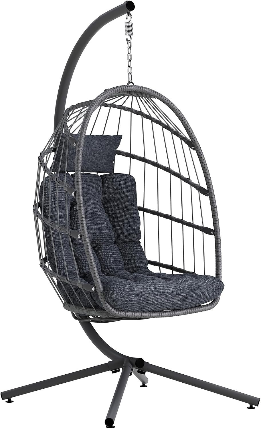 SWITTE Egg Chair Outdoor with Stand, Indoor Wicker Hanging Egg Swing Chair with Cushion, 350lbs Capacity for Patio, Bedroom, Garden – Dark Grey