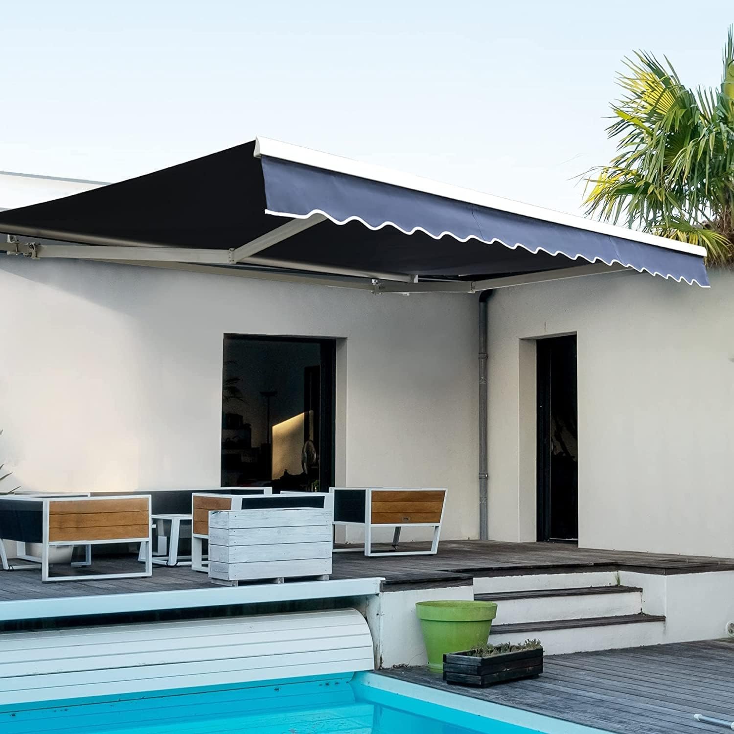 Diensweek 12’x10′ Patio Awning Retractable, Fully Assembled Motorized Electric Commercial Grade – Quality 100% Dope-Dyed Acrylic Window Door Sunshade Shelter – Deck Canopy Balcony (12’x10′, Navy Blue)
