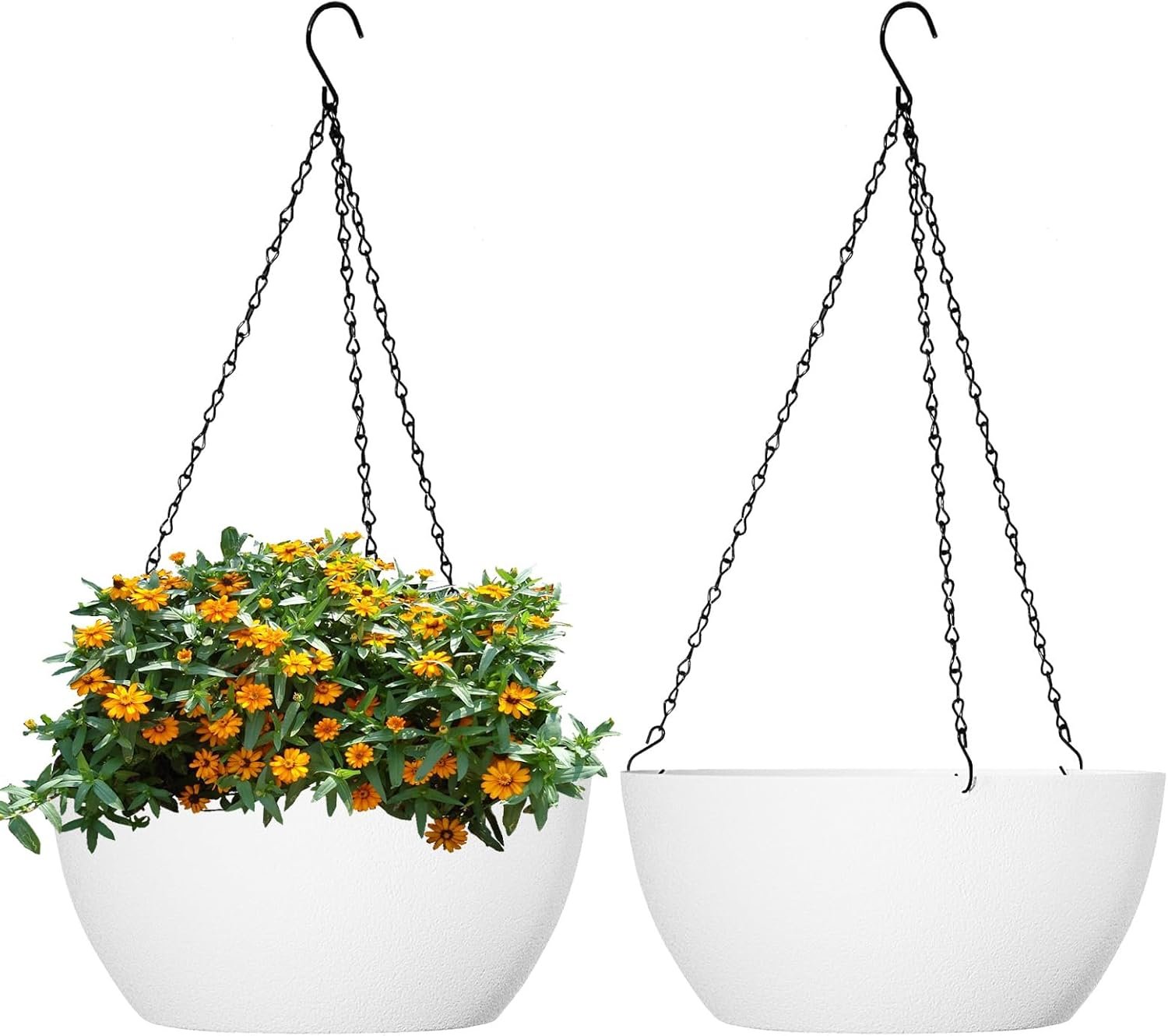 WSMKSZ 10 inch Hanging Planters for Outdoor Indoor Plants with Drainage Holes and Chain, 2 Pack Round Hanging Flower Plant Pots for Garden Home Porch Decor, White