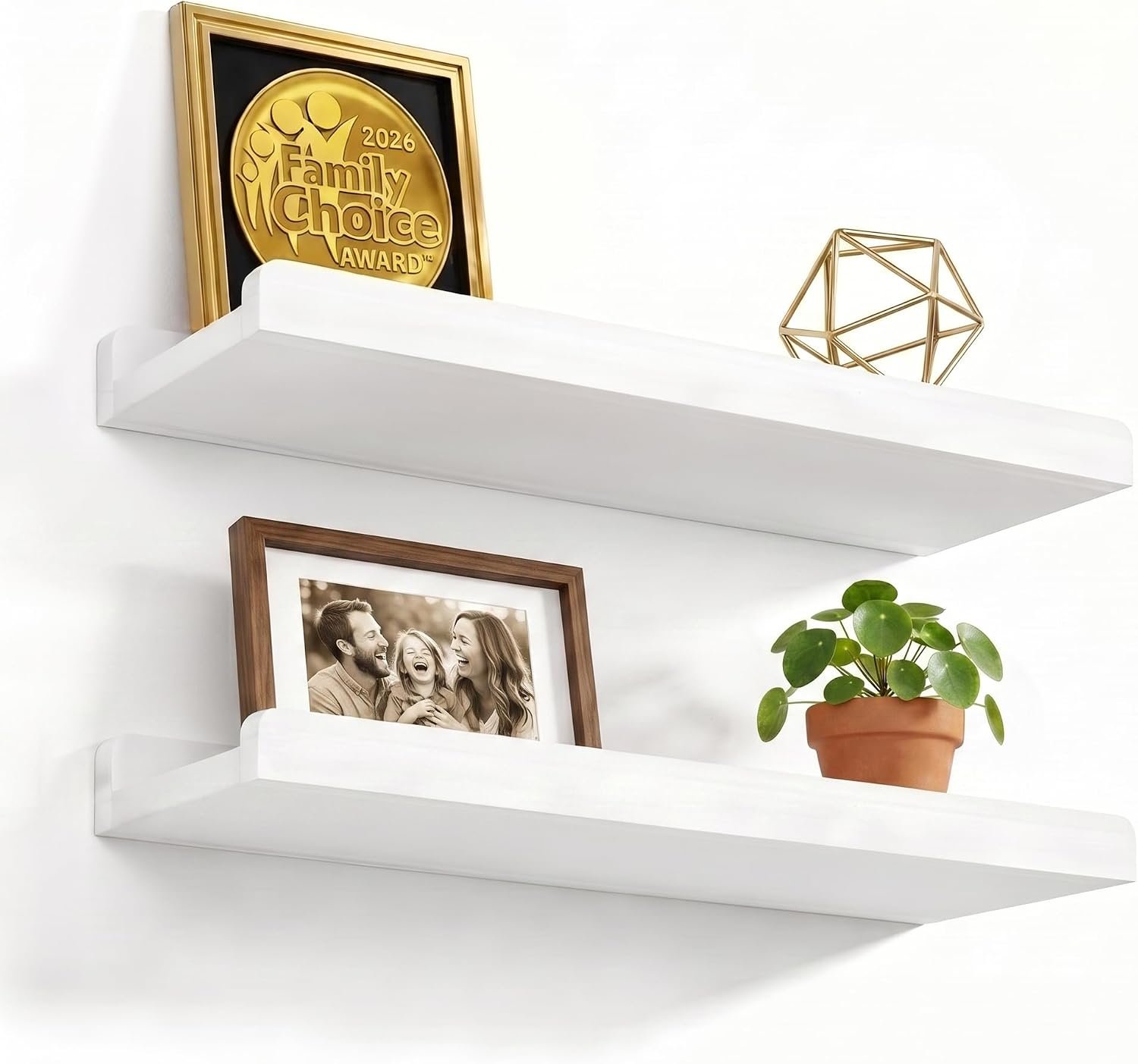 Love-KANKEI 17″ White Floating Wall Shelves with Lip,Solid Wood,Set of 2 | Protective Ledge,Easy to Install,For Bedroom Living Room Bathroom Kitchen Office,Nursery Display,18 Lbs/shelf,Wall Decor