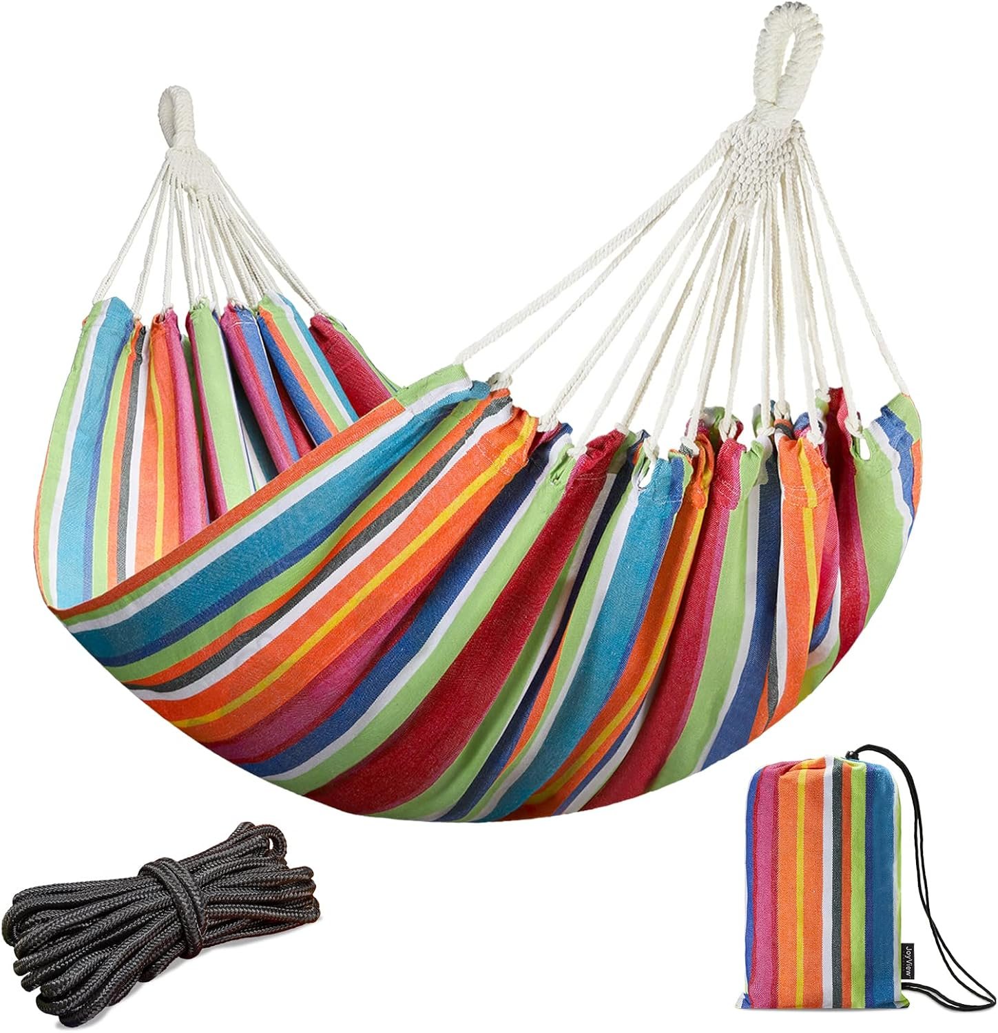 JoyView Brazilian Double Hammock with Hanging Ropes Extra Large 86.6×59” Portable Cotton Hammock for Patio Backyard Porch 450LBS Weight Capacity Perfect for Outdoor/Indoor – Color Stripes