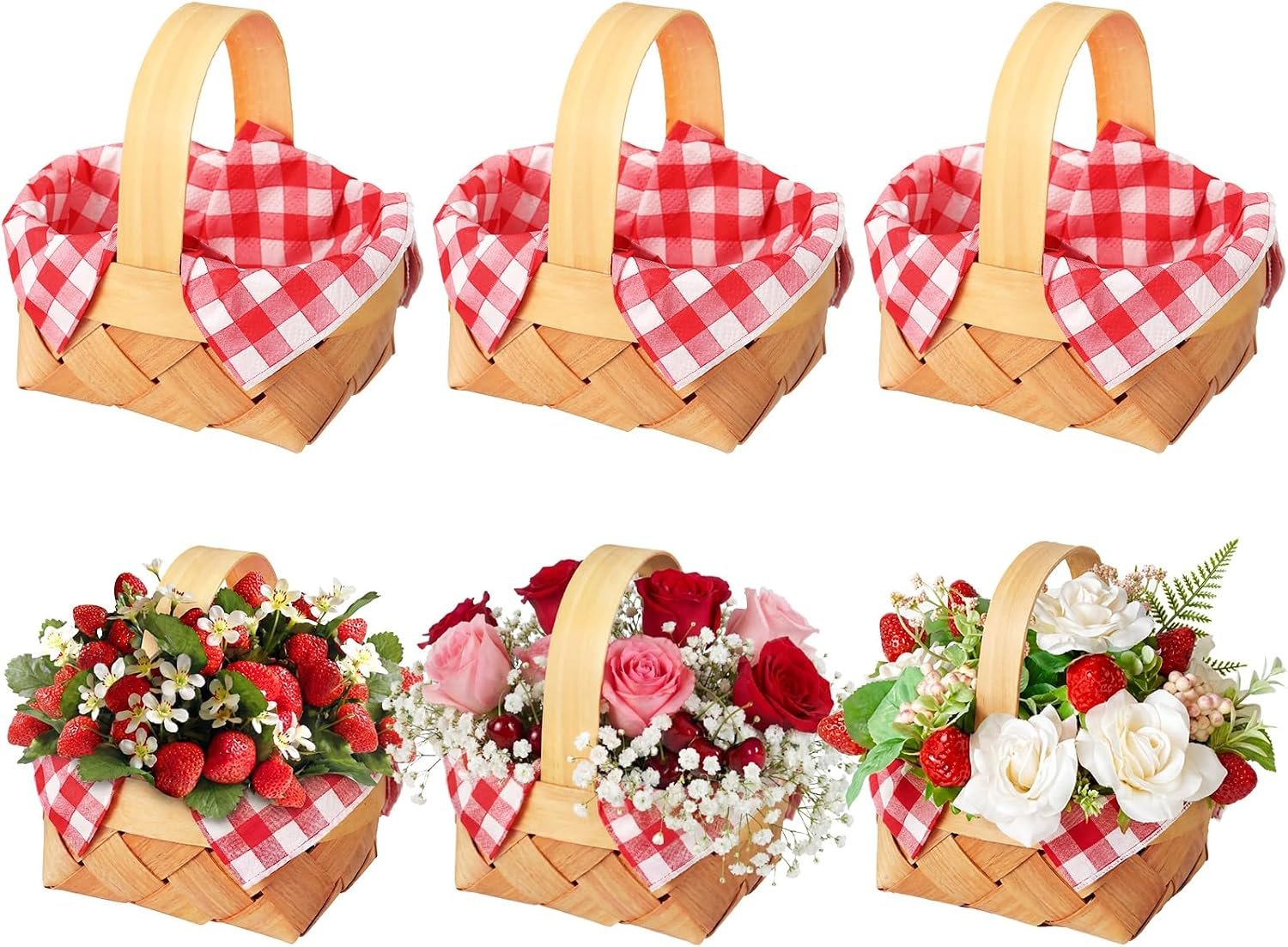 Geelin 6 Pcs Summer Mini Woven Picnic Basket Party Favor Red White Gingham Paper Napkins Wood Chip Mini Flower Fruit Picnic Basket Chip for Summer Wedding Party Baby Shower Decoration (Large)