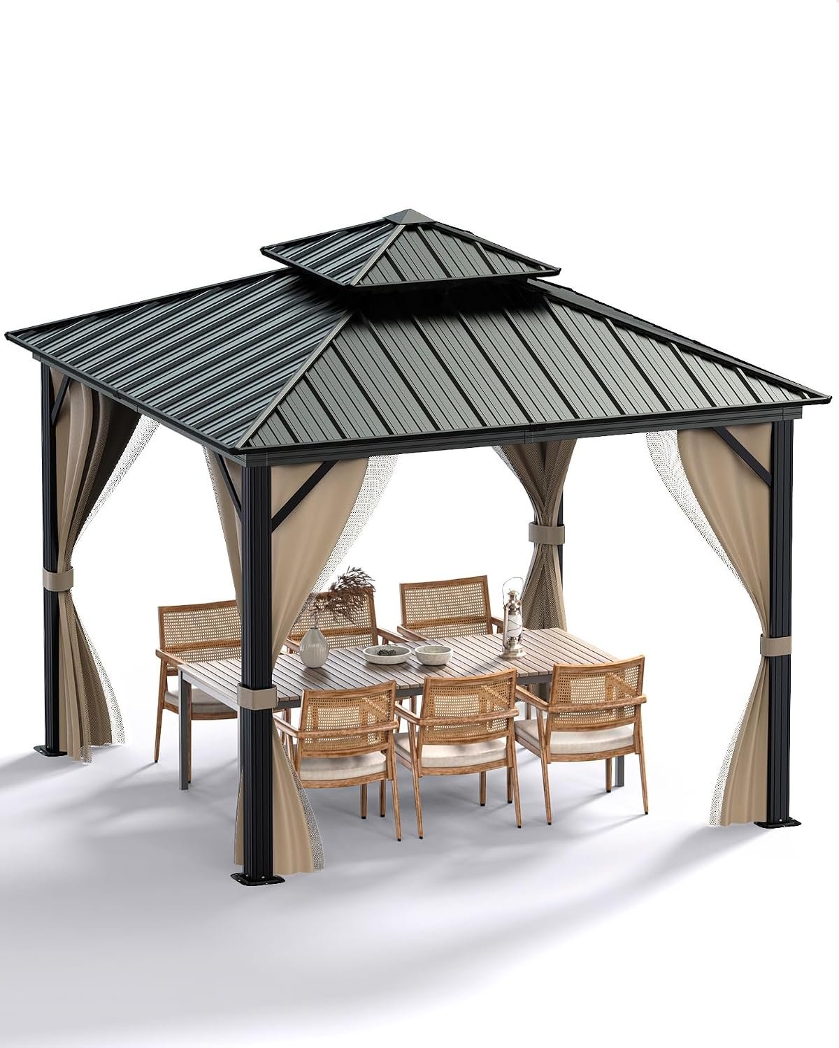 10 x 10 ft Hardtop Gazebo, Double Galvanized Roof, Aluminum Frame, with Netting and Curtains, for Backyard, Pario and Lawn