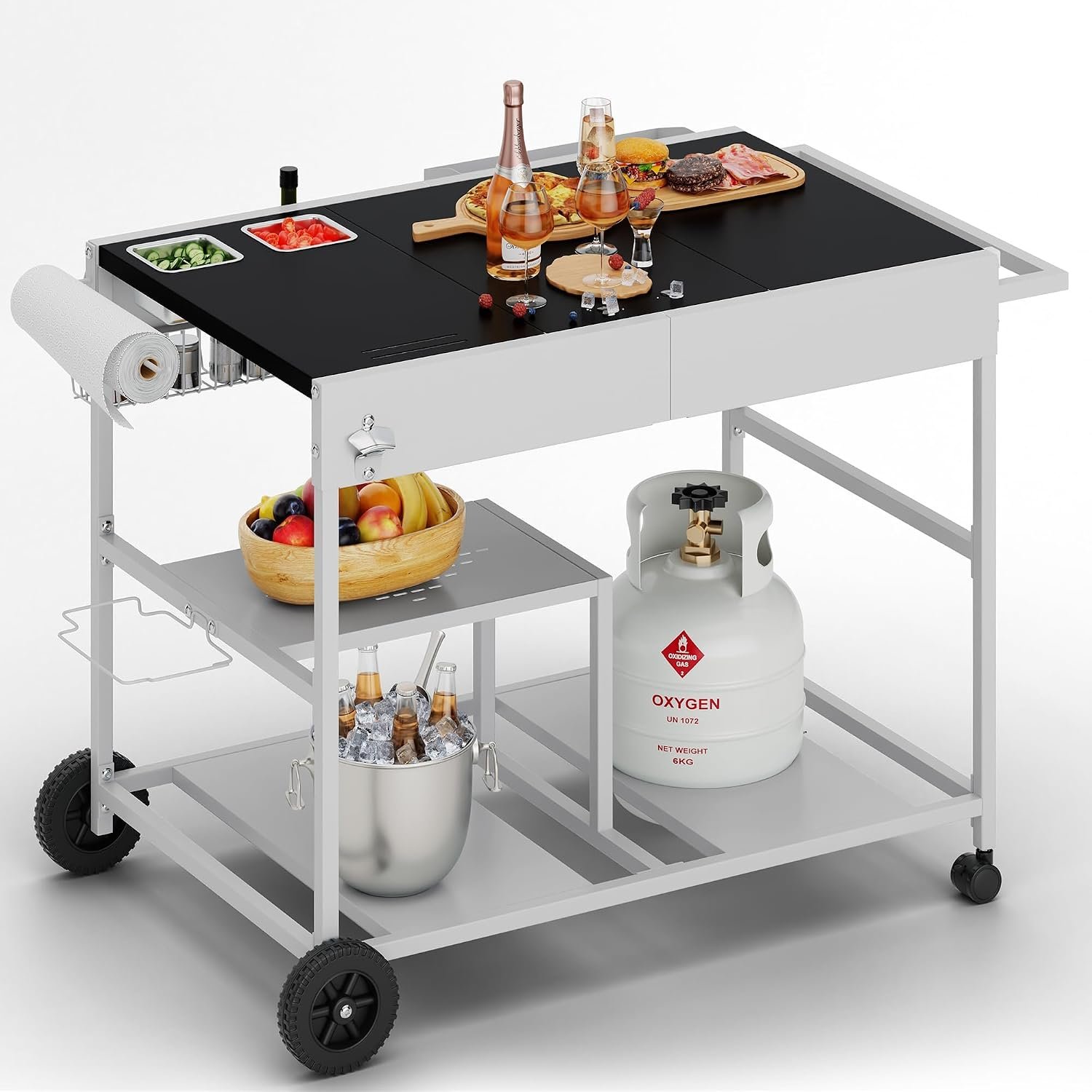 Shintenchi 24.6″x37.6″ Pizza Oven Cart Table with Topping Station and Wheels, Outdoor Tabletop Grill Table Stand, Movable Food Prep Workcart Fits for Ninja Blackstone Woodfire Grill