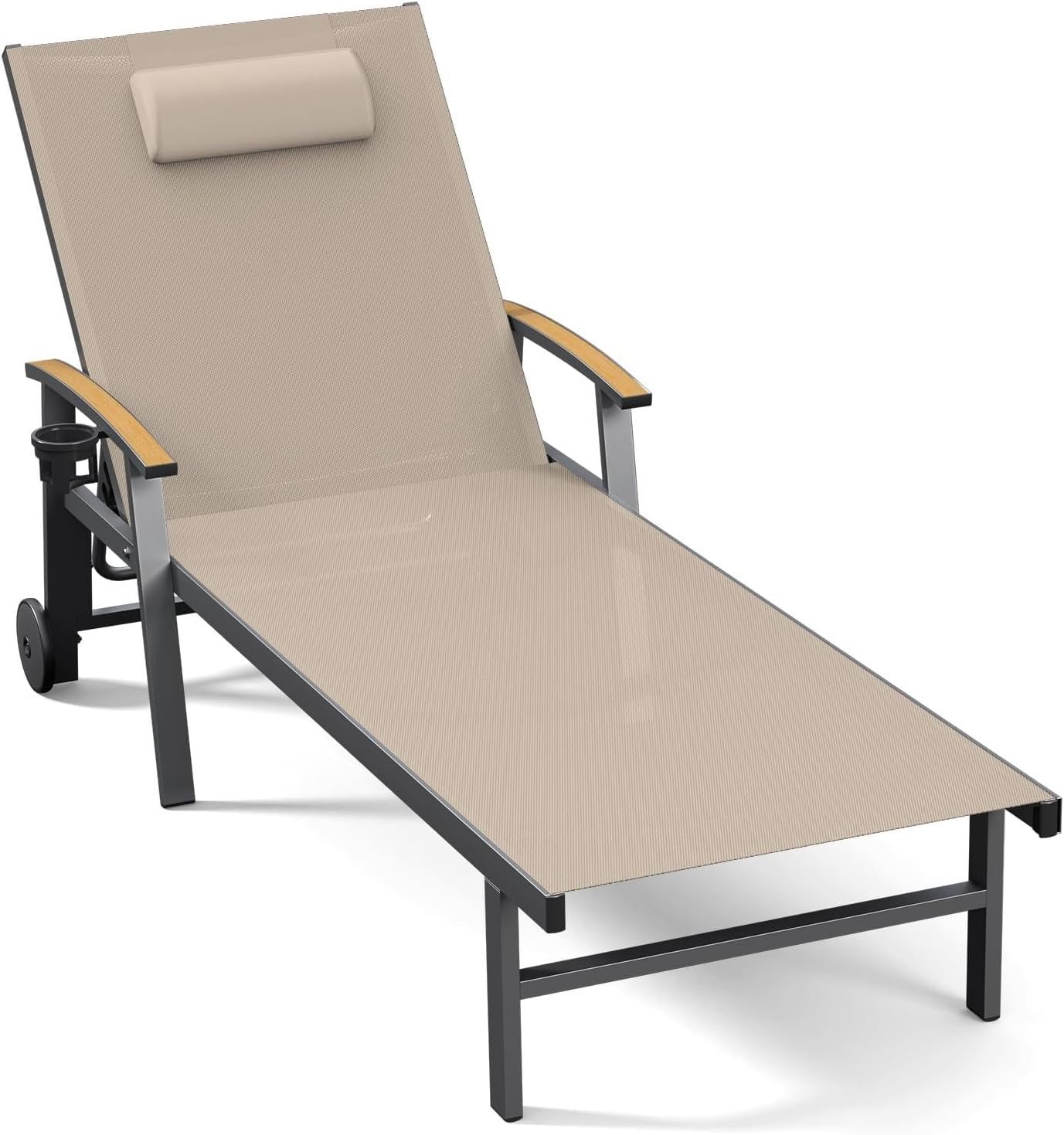 Ciokea Outdoor Lounge Chair with Pillow, 5-Position Aluminum Chaise Lounge with Wheels & Armrests, 400 lbs Heavy Duty Patio Pool Chair for Deck, Backyard, Beach & Poolside, Khaki