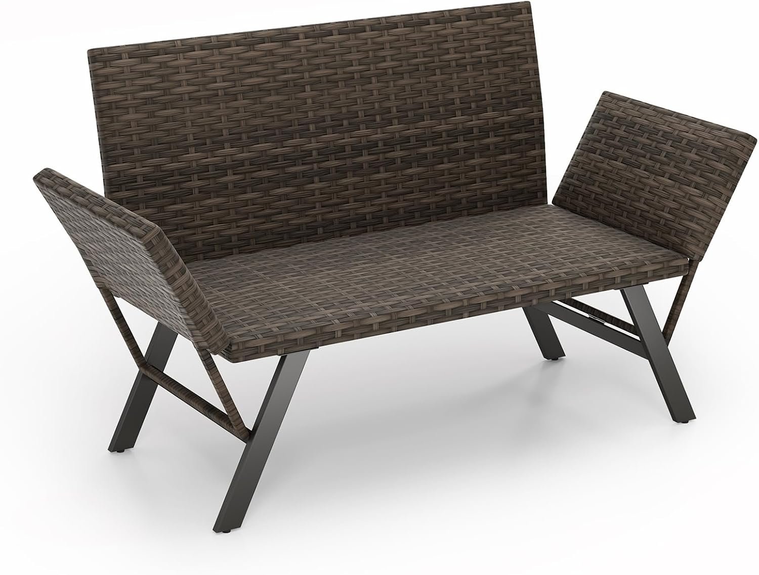 Tangkula Patio Convertible Futon Sofa for 2, Quick Dry Foam Padded Rattan Loveseat w/Adjustable Armrests, Metal Frame Wicker Couch for Backyard, Poolside, Porch, 660 LBS Max Load (Grey)
