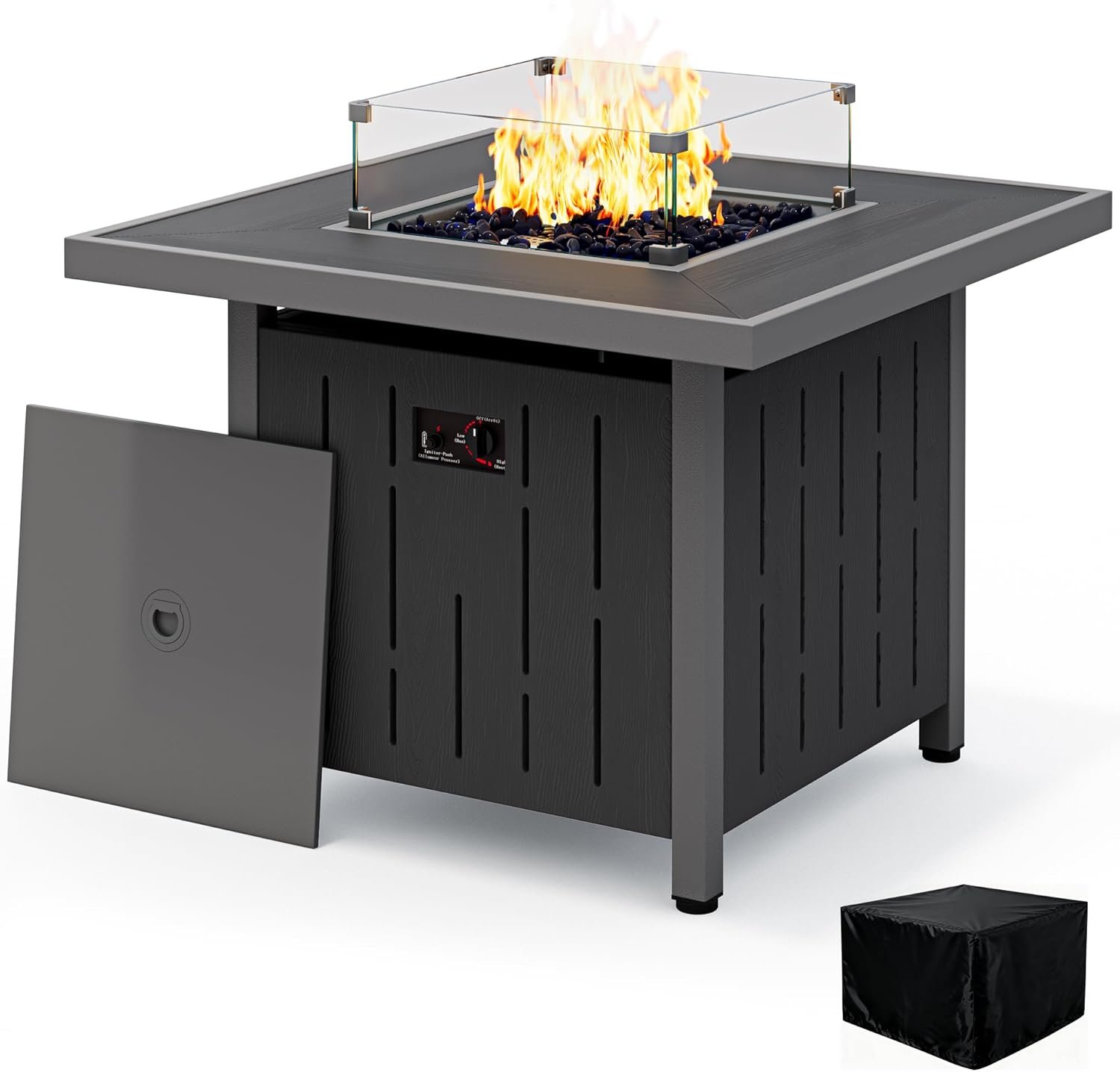 SERWALL 33″ Outdoor Fire Pit Table, 50,000 BTU Square Propane Fire Pit Table with Lid, Glass Rock & Glass Wind Guard, HDPE Outdoor Furniture for Patio, Garden, Backyard, Black