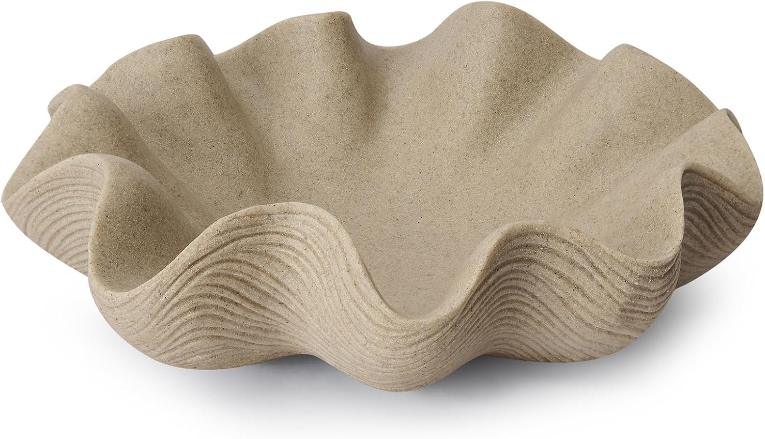 Scalloped Decorative Bowl, 12.6″ Shell Ruffle Fruit Bowl Home Decor | Modern Handmade Fruit Bowl, Catchall/Purse/Key Bowl, Kitchen Counter, Entryway Table, Coffee Table, Artificial Stone Beige