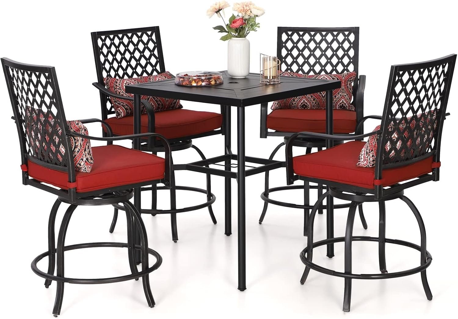 Sophia & William 5-Piece Bar Height Outdoor Table and Chairs, Red | 4 x Metal Swivel Patio Counter Stools, Cushion Seat, 1 x Square High Top Table with Umbrella Hole, 31.8”L x 31.8”W x 38.3”H