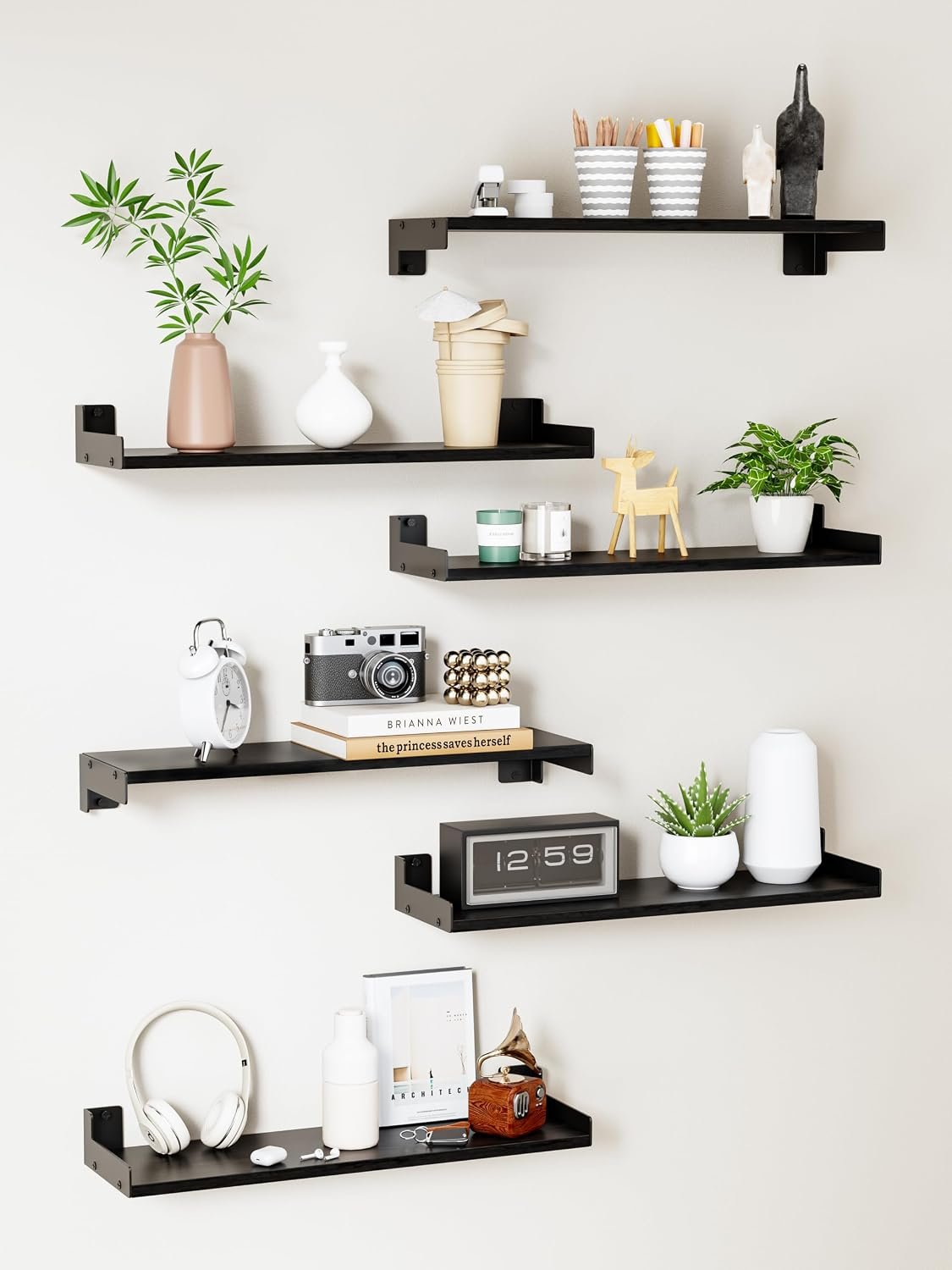 Floating Shelves for Wall, Shelves for Decor Storage Set of 6, Wall Mounted Wood Shelf for Bedroom, Living Room, Bathroom, Kitchen,Long Picture Ledge Shelves.(Black)