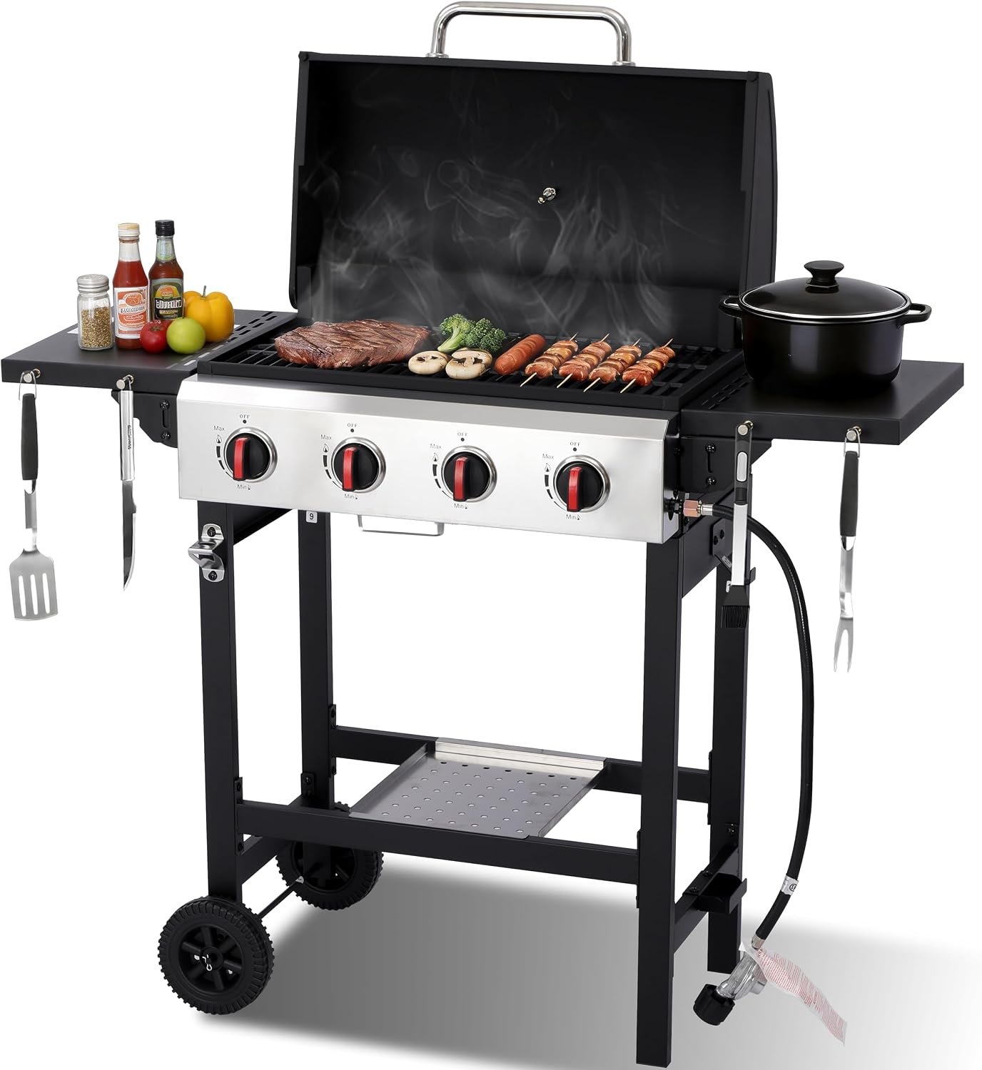 4-Burner Propane Gas Grill with Cast Iron Grate, 40,000 BTU Output & 302 Sq. Inch Cooking Space, Easy-Clean System & Foldable Side Tables for Outdoor BBQ (4-Burner)