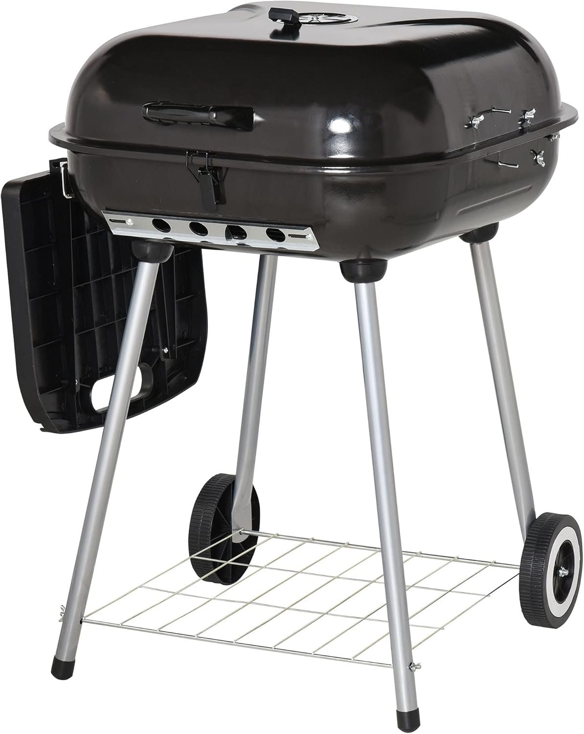 Outsunny Portable Charcoal Grill with Foldable Side Shelf, BBQ Smoker Black | Bottom Shelf, Wheels, Adjustable Vents on Lid, for Picnic Camping Backyard Cooking