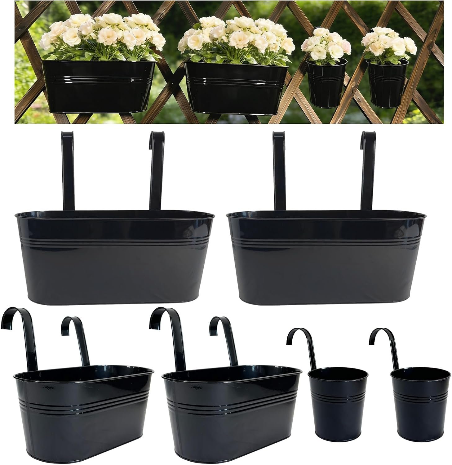 6 Pack Mixed Size Balcony Hanging Planters for Patio Garden Décor, Black | Round 4″ & Oval 12″ / 43″ pot, Drainage hole, Removable hooks, For porch and balcony , For flowers, herbs and succulents