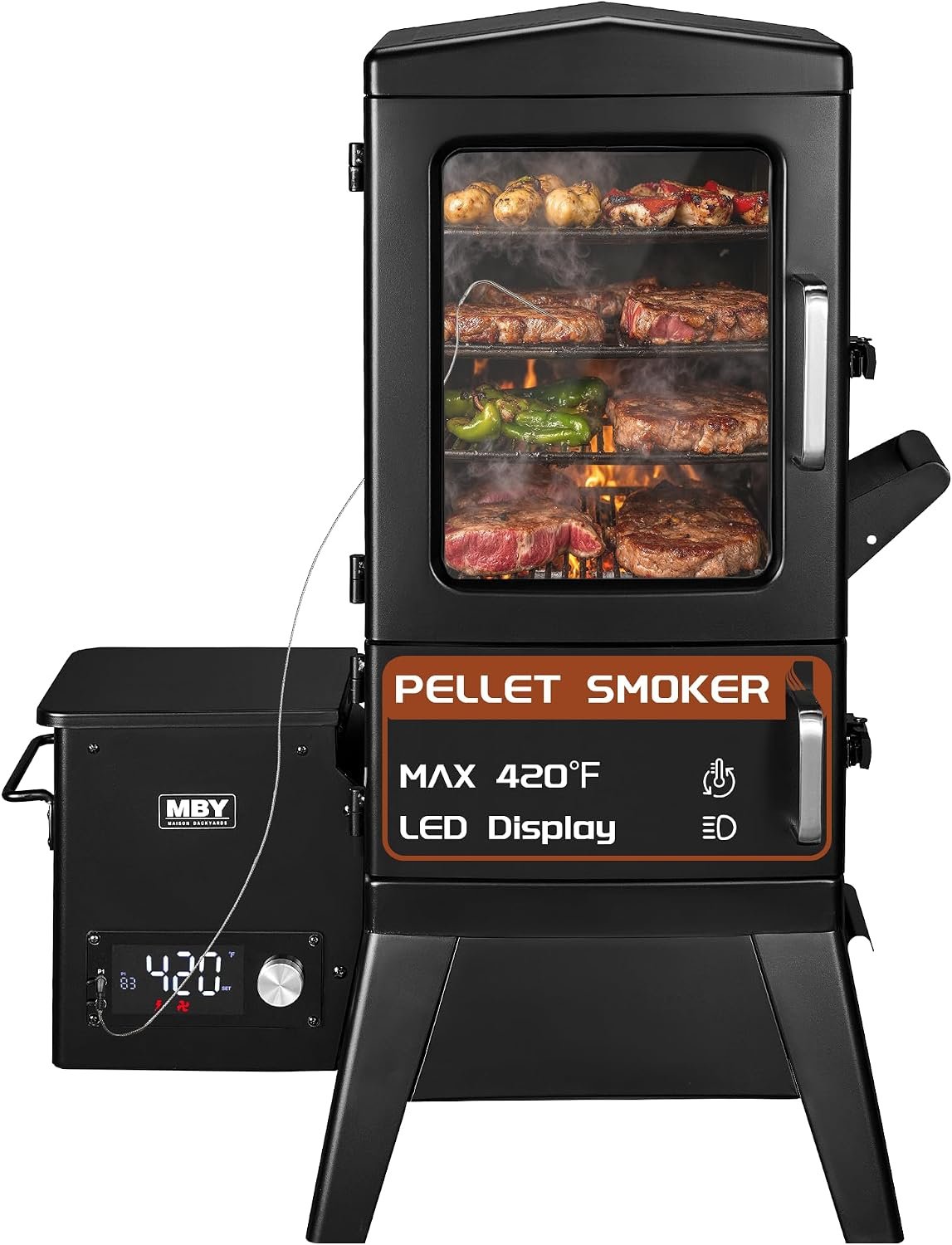 Electric Pellet Smoker with Rainproof Cover, Vertical Wood Pellet Smoker Grill With Meat Probe LED Display Temperature Control (616sq.in)