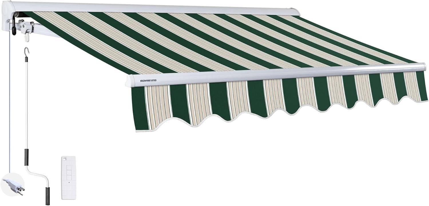 ADVANING 14’x10′ Motorized Patio Retractable Awning | Luxury Series | Premium Quality, 100% Solution-Dyed European Acrylic UV Sun Shade, Color: Garden Green Stripes, EA1410-A808H2