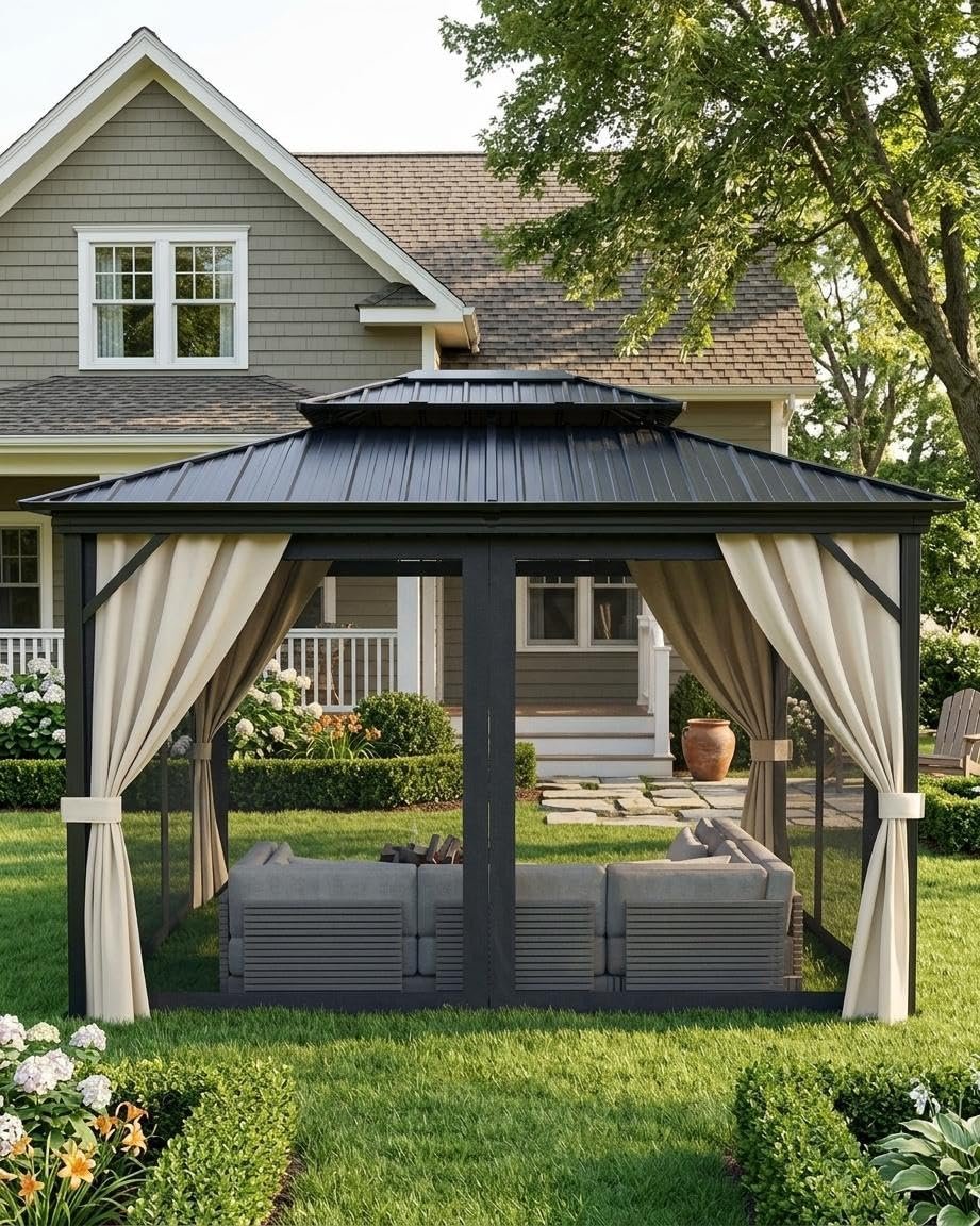 10 x 14 Hardtop Gazebo with Double Galvanized Steel Roof, Breathable Netting and Privacy Curtains – Durable Outdoor Pavilion for Backyard