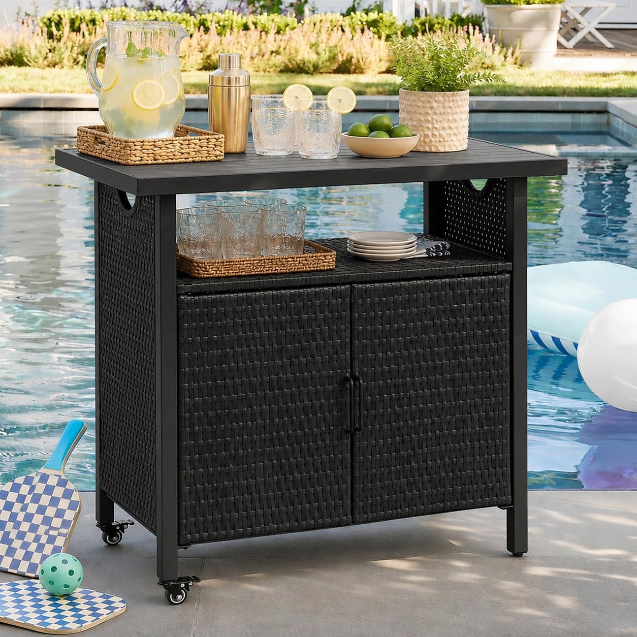 Outdoor Bar Table with Storage Cabinet, Patio Serving Cart with Wheels, Wicker Bar Cart and Grill Cart Prep Station, Rolling Kitchen Island for Patio, Backyard, Poolside, Outdoor Use, Black