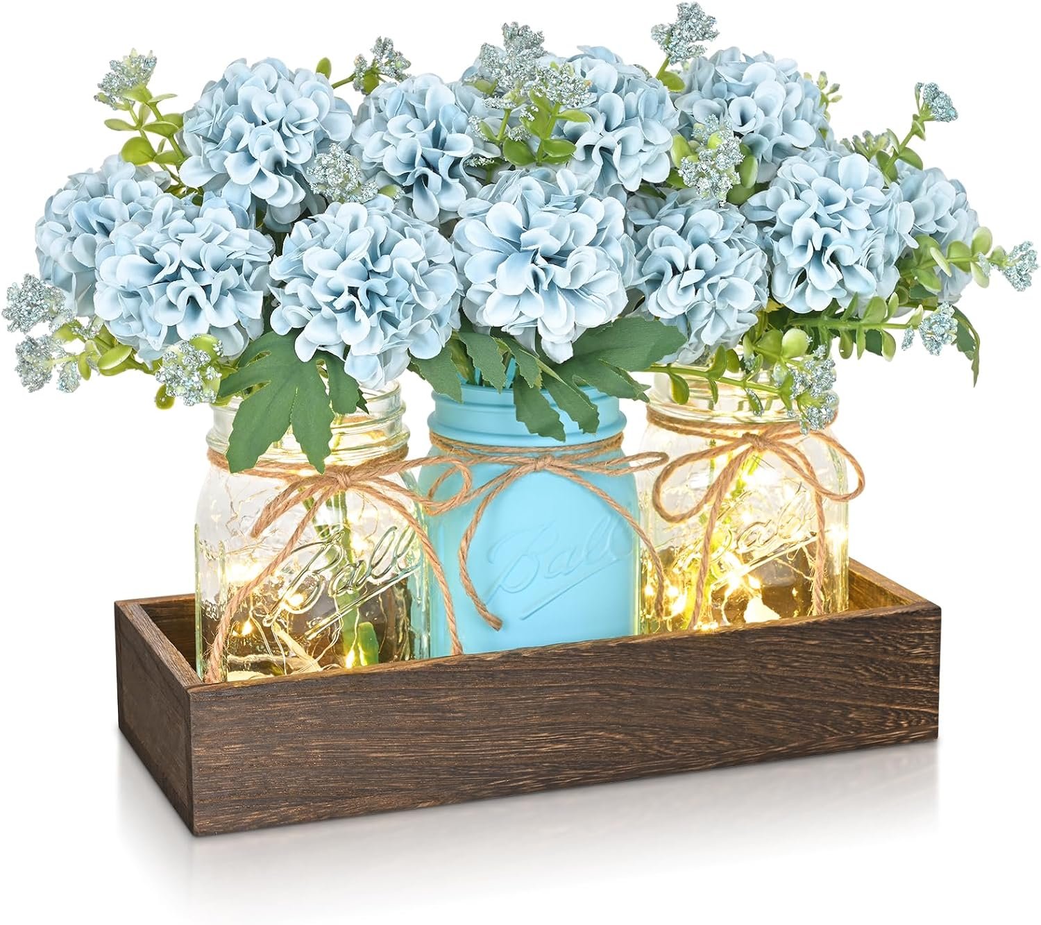 BLEUM CADE Centerpiece Table Decorations – Mason Jar Lights Centerpiece for Kitchen Dining Table Farmhouse Coffee Table Wedding Home Decor with 3 Jars Hydrangea Artificial Flowers & Wood Tray