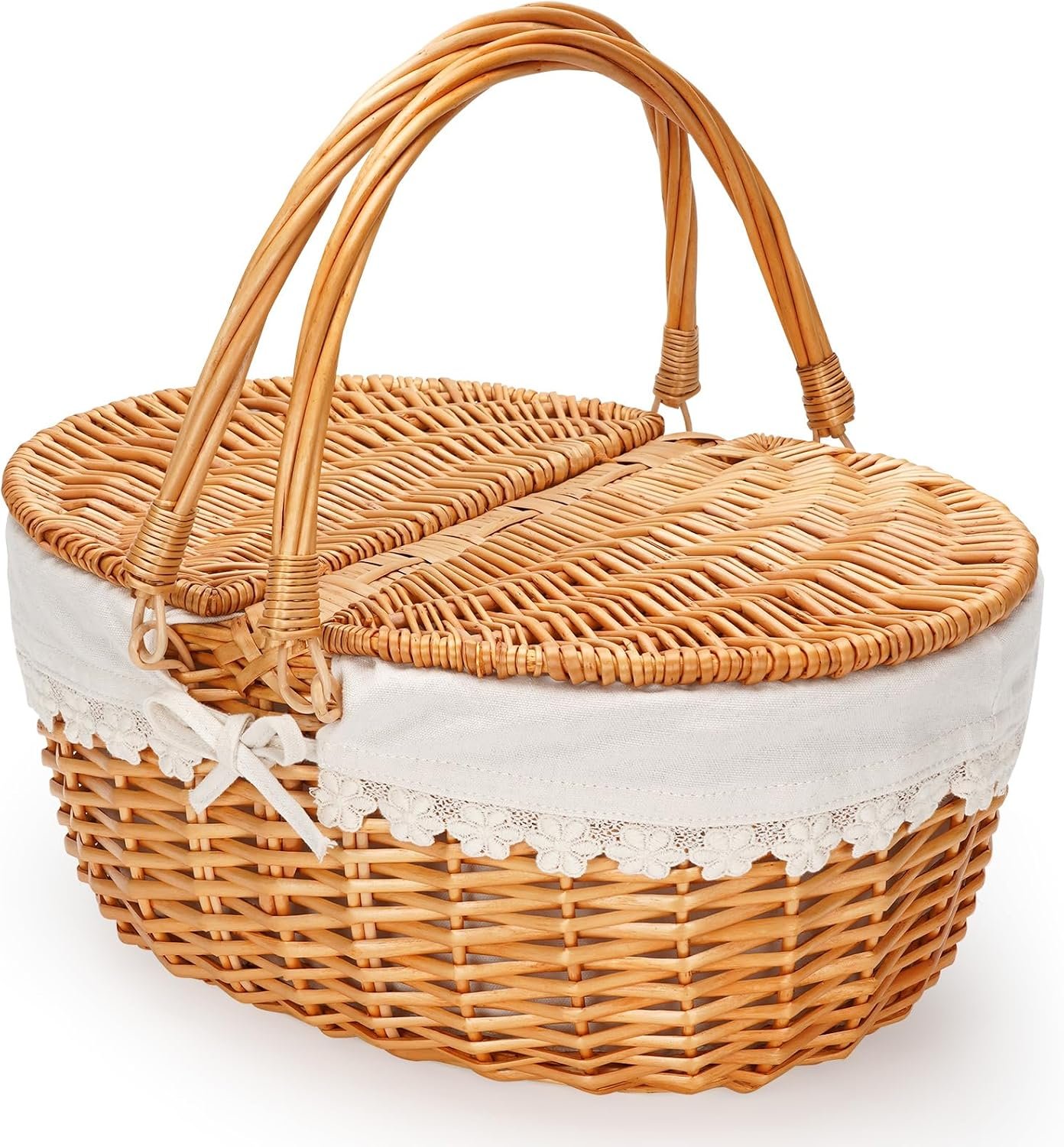 Wicker Picnic Basket with Liner, Empty Picnic Baskets with Lid, Cream | Vintage-Style Picnic Hamper with Folding Woven Handle for Picnic, Camping, Outdoor, Halloween, Thanks Giving, Birthday