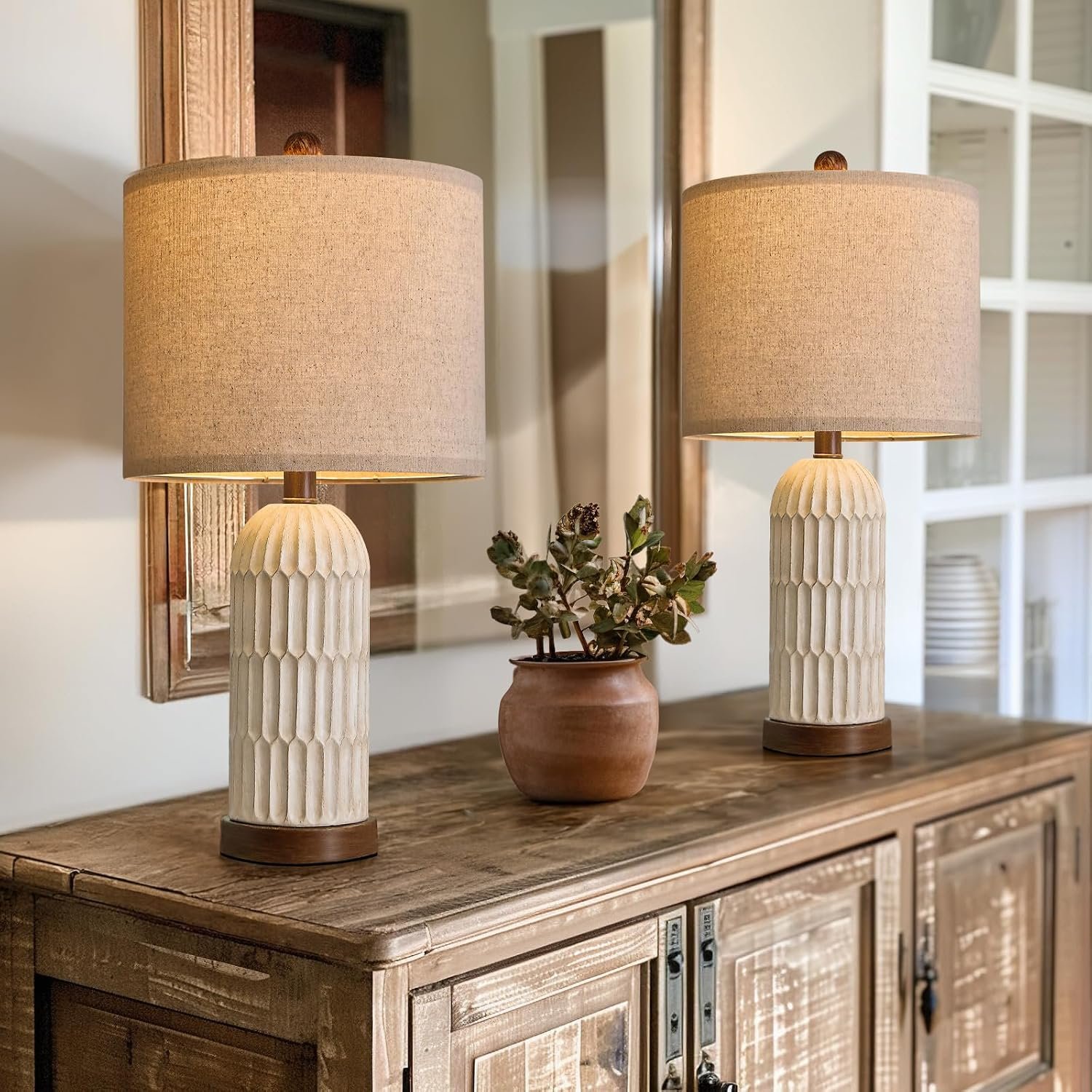 OYEARS 22.5″ Bedside Table Lamps Set of 2, Farmhouse Table Lamp with USB A+C Charging Ports,Vintage Nightstand Lamp for Bedrooms and Living Rooms, Retro Resin End Table Lamp, Beige and Brown
