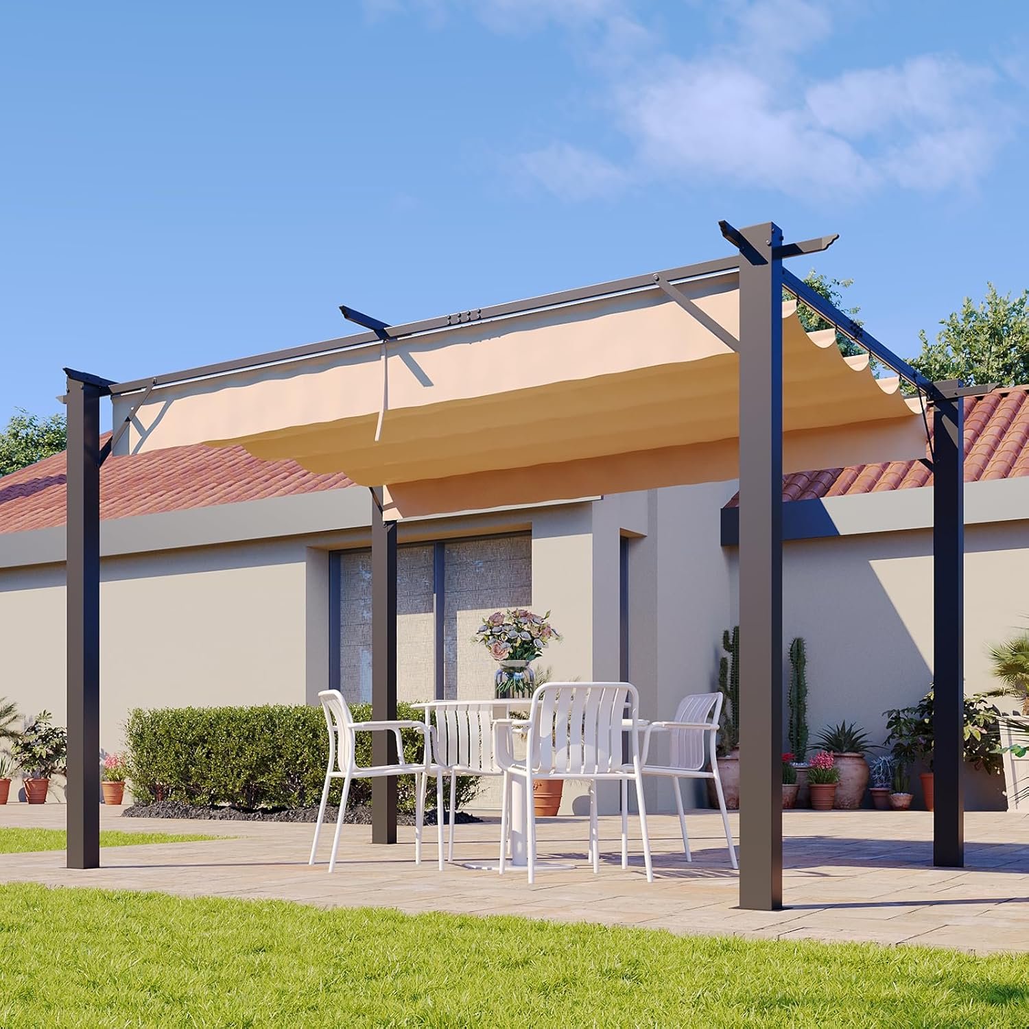 Aoxun 10’x12′ Retractable Pergola with Sun Shade Canopy, Heavy Duty Metal Outdoor Gazebo, Multi-use Grape Trellis for Garden, Deck, Patio and Lawn(Brown)