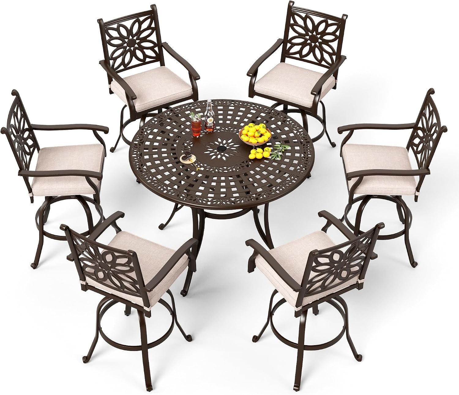 PHI VILLA 7 Piece High Bar Patio Dining Set,Cast Aluminum Outdoor Bar Set | for 6 with 54″ Round Bar Table & 6 Outdoor Swivel Bar Stool Chairs with Seat Cushion for Balcony Lawn Garden