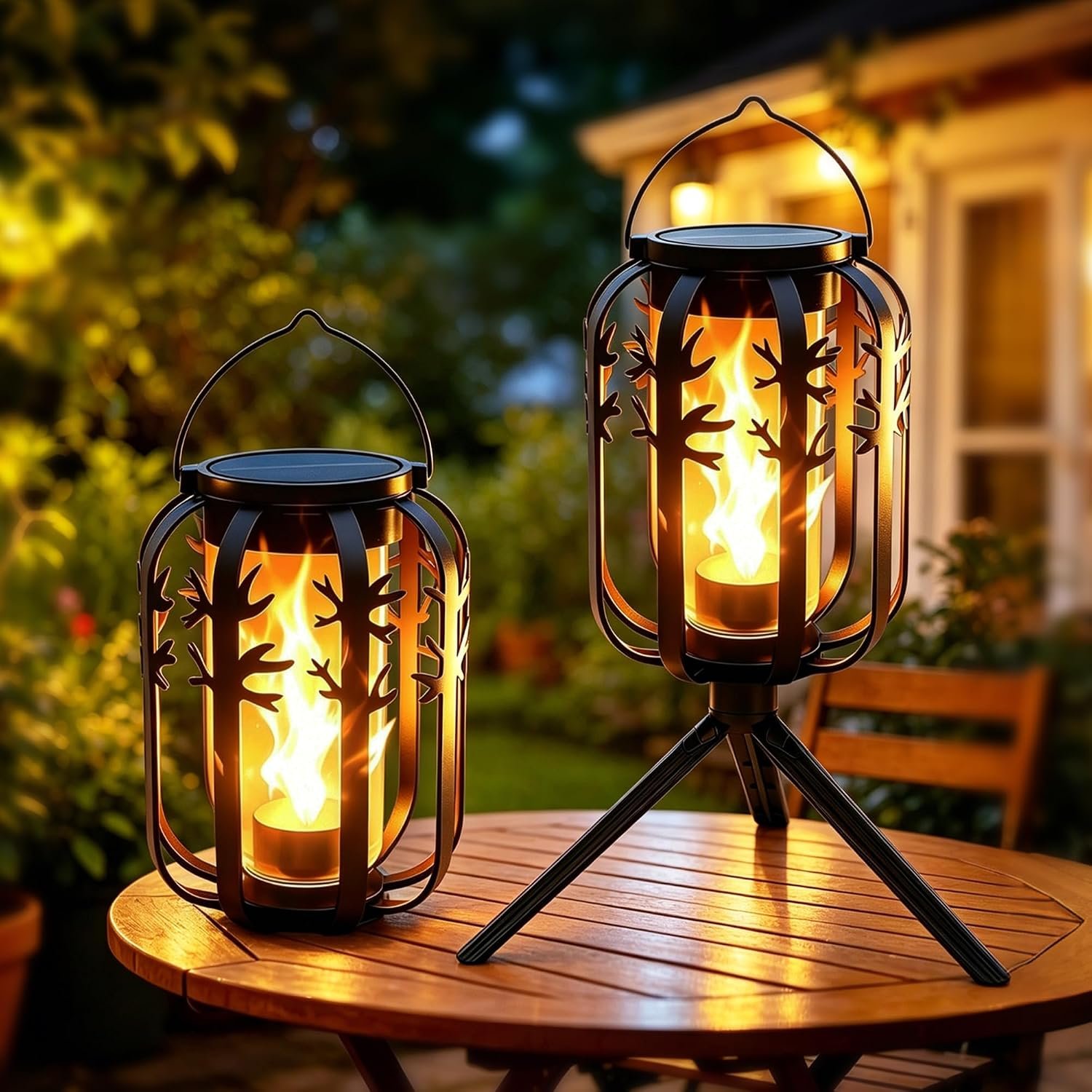 Ollny 2 Pack Solar Lanterns Outdoor Waterproof, Upgraded Flickering Flame Solar Lights Outdoor, Dual Charging (USB/Solar), 4 Modes Hanging Solar Lantern for Yard Patio Path Tree Garden Decor