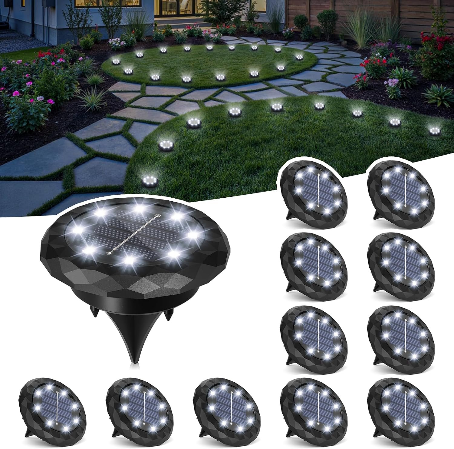 SOLPEX Mini Solar Ground Lights, 12 Pack Pathway Solar Lights Outdoor Waterproof, Garden Lights for Driveway Walkway Yard Landscape (Cool White)