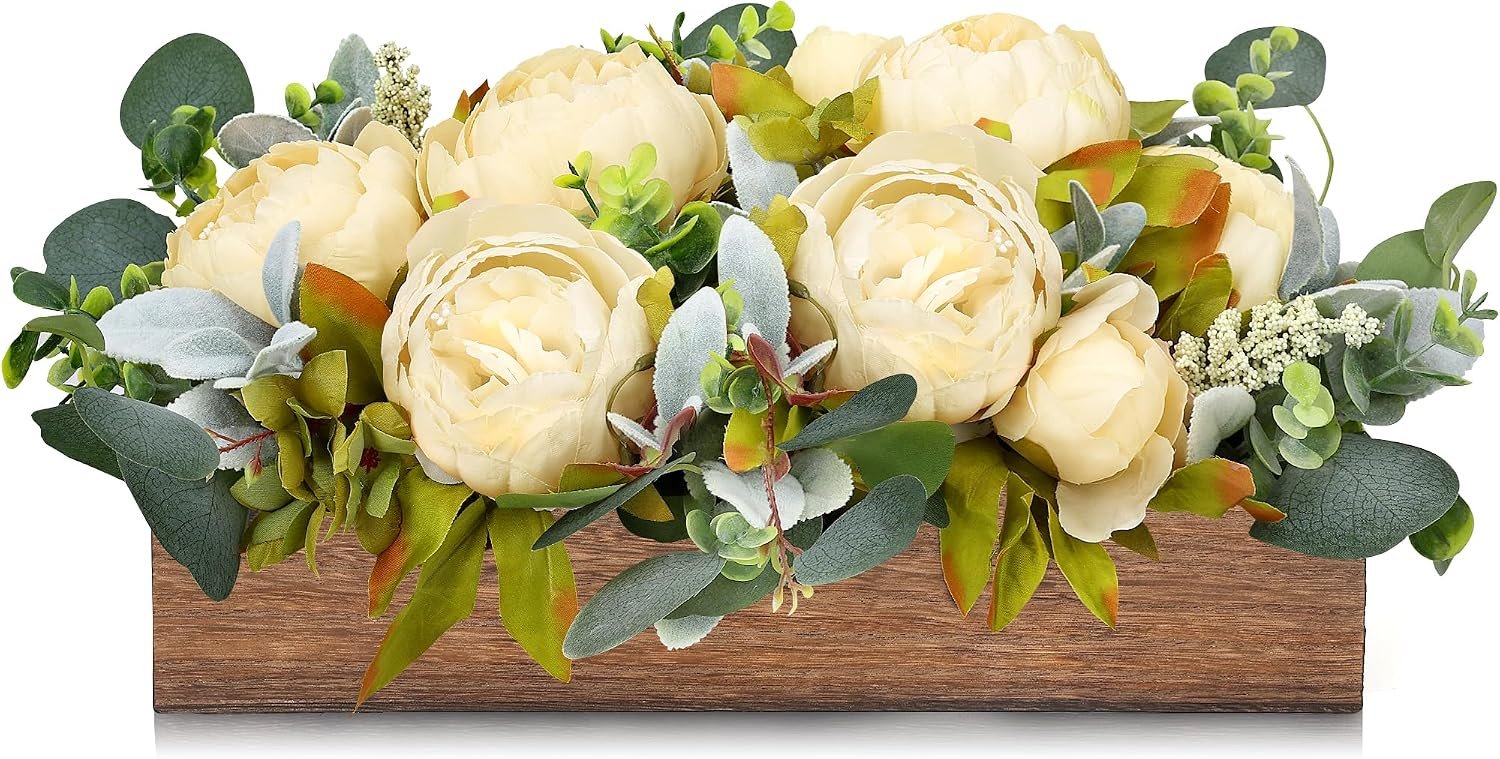 Pre-Made Floral Table Centerpieces for Dining Room – Champagne | Summer Artificial Peony Table Centerpieces Wood Tray with Fake Flowers for Wedding Living Room Party Bar Kitchen Table