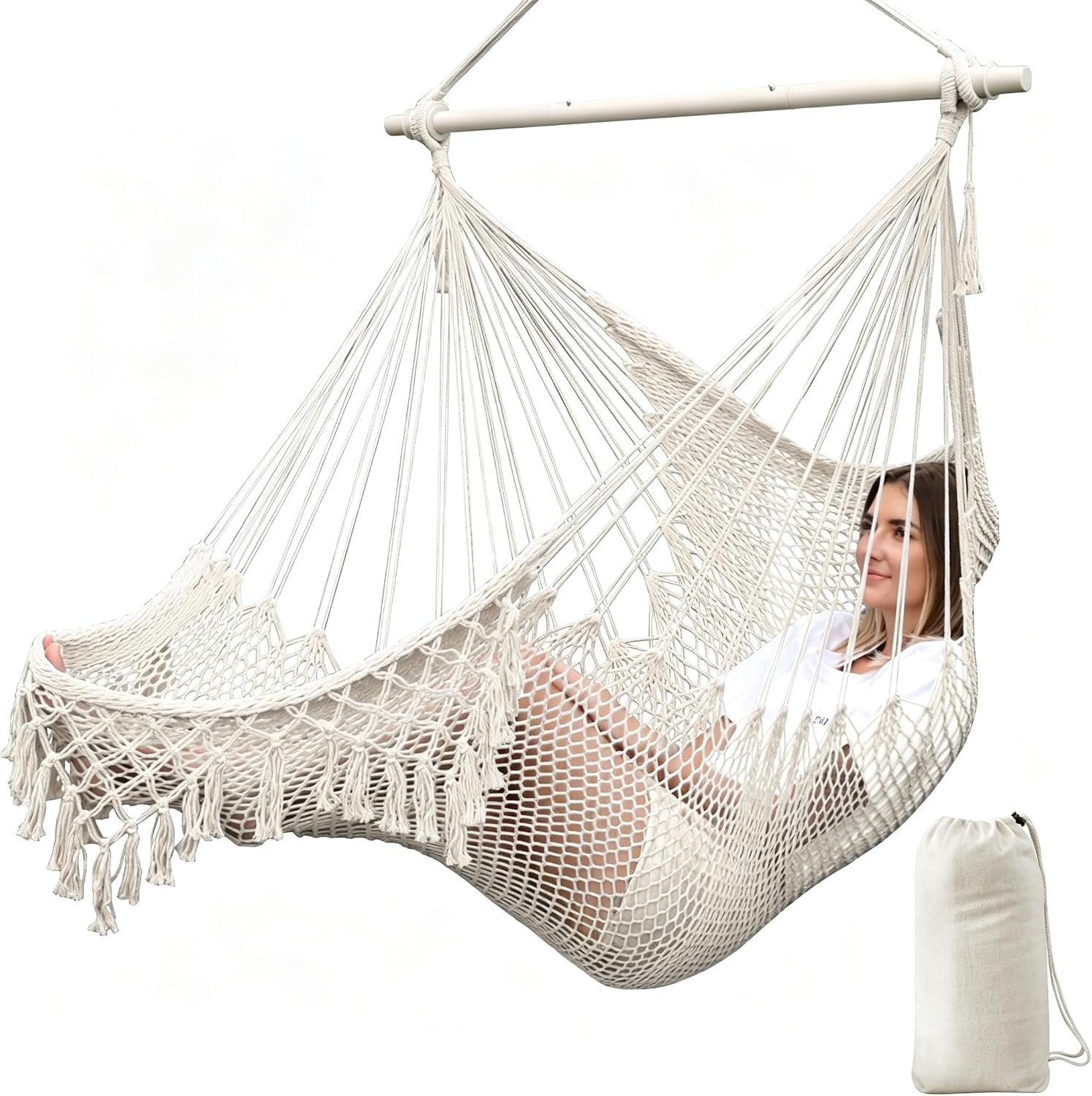 Chihee Hammock Chair Handmade Woven Mesh Hanging Seat Metal Spreader Bar | Cotton Blended Rope Hanging Chair Ventilated Soft-Spun Large Stretch Hammock Swing, Elegant Macrame Indoor Outdoor Garden