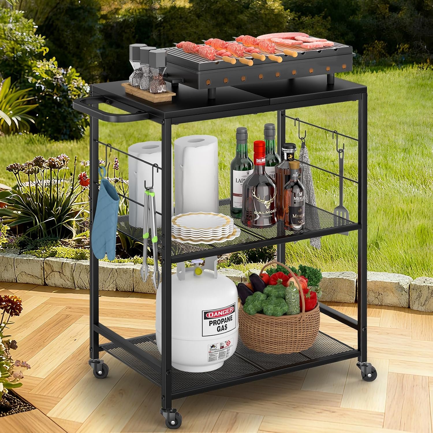 DAOUTIME Grill Cart for Outside, 3-Tier BBQ Food Prep Rolling Table Cart, with 23.62″ Lx 15.75″ W Rust-Resistant Tabletop, Outdoor Pizza Oven Table Ideal for Patio Backyard Kitchen Tools Room