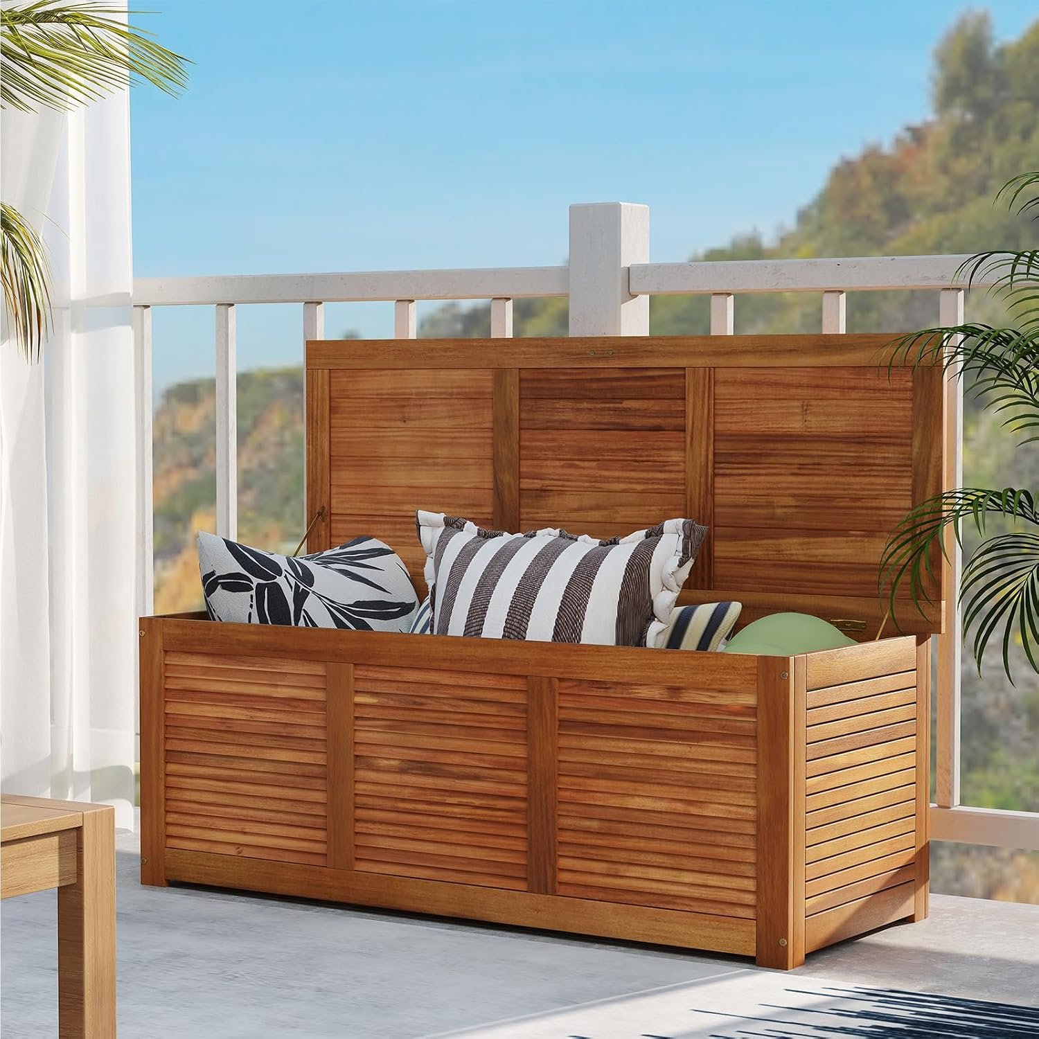 DREAMADE 47 Gallon Deck Box, Acacia Wood Outdoor Storage Bench, Natural | Patio Storage Box with 355 LBS Capacity, Wooden Storage Bench for Garden, Backyard, Porch and Outdoor Seating