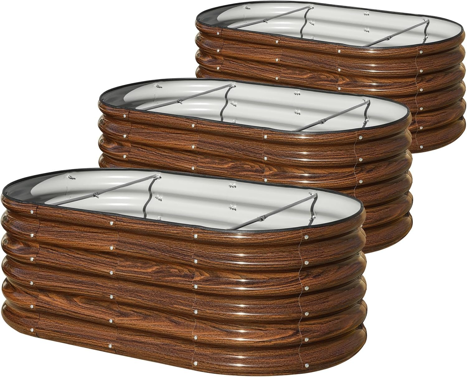 3 Pcs 4x2x1.5ft Raised Garden Bed Outdoor, 17″ Tall Galvanized Metal Planter Box, Oval Raised Garden Bed Kit for Planting Vegetables Plants Fruits, Brown