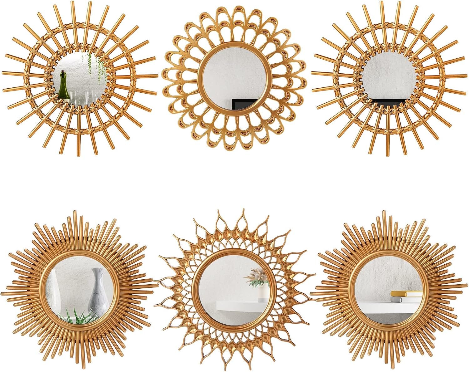 Namalu 6 Pcs Sunburst Mirror for Wall Decor, Small Circle Sun Decorative Mirror Hanging for Art Entryway Home Decor Bathroom Bedroom Living Room(Classic,Gold)