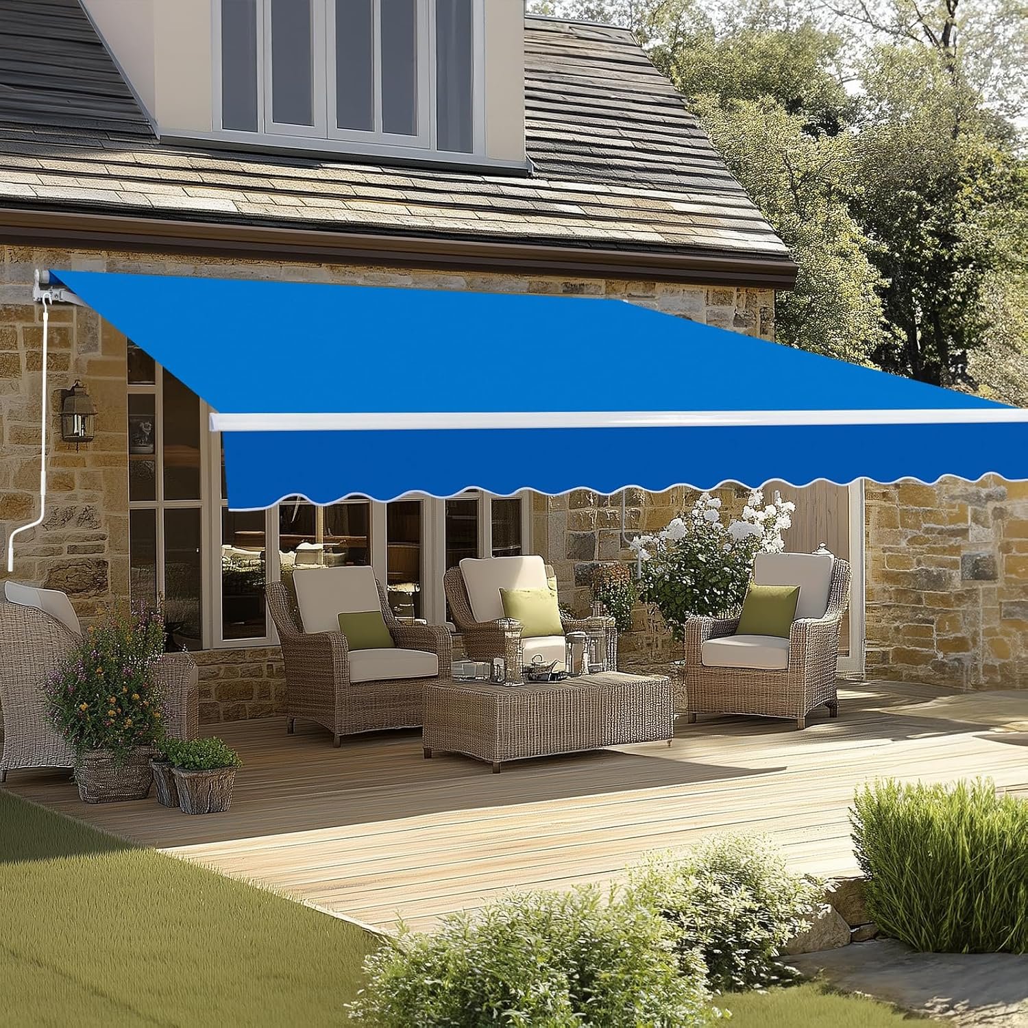 Bonnlo Retractable Awning Canopy 12x10ft, UV and Water-Proof Fabric Sunshade Shelter with Manual Crank Handle, Patio Awning Retractable for Deck, Poolside, Garden (Blue, 12x10ft)