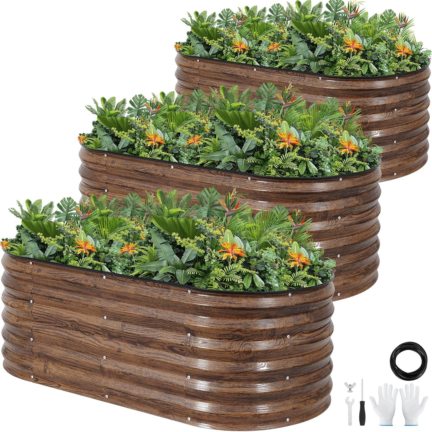 Galvanized Raised Garden Bed Outdoor |17” Tall Planter Box Outdoor for Deep Root Plants | 3Pcs Raised Bed Kit for Gardening with Rubber Strip for Vegetables Flowers Fruits (Grain, 4x2x1.4FT)