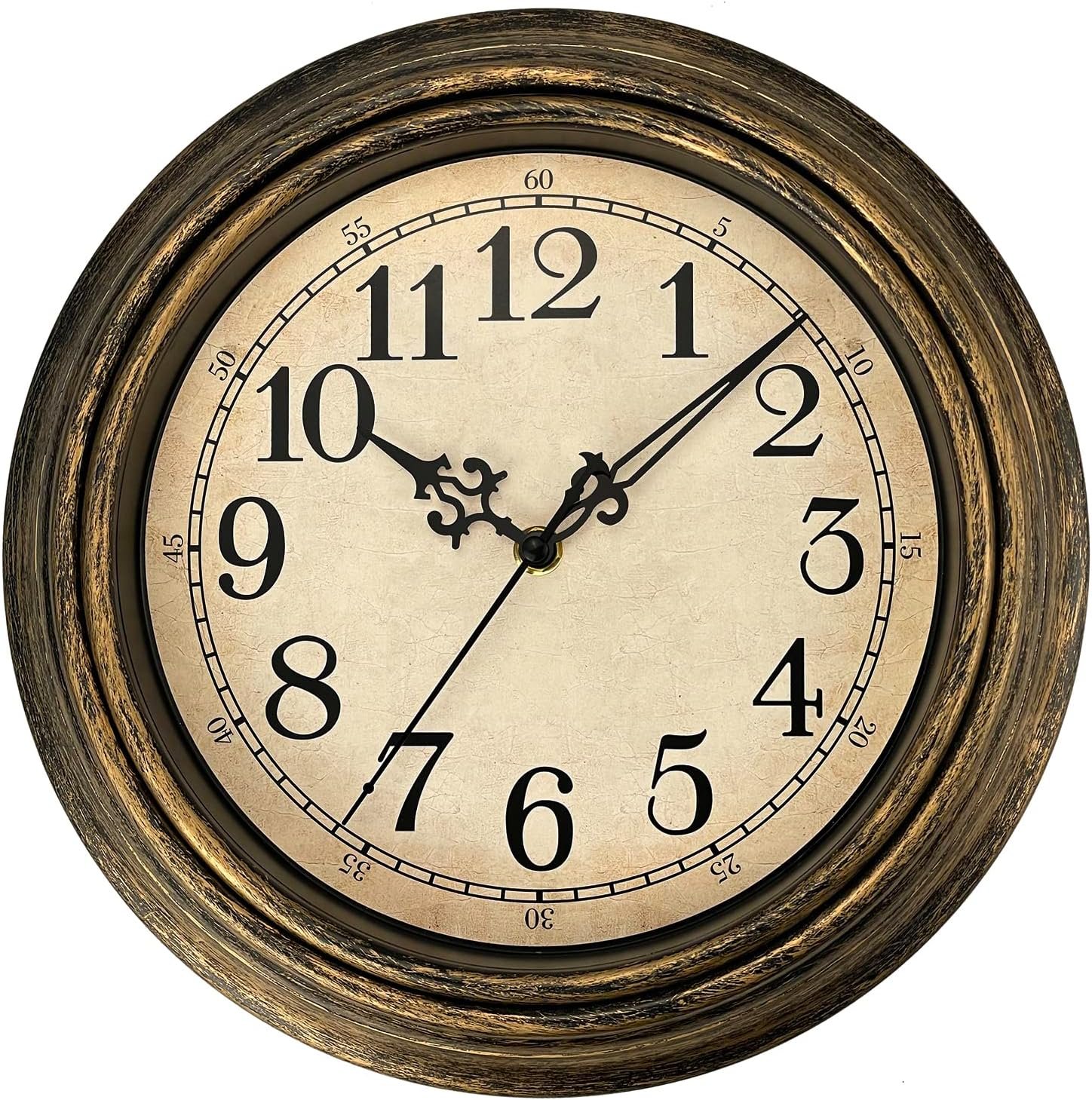 Plumeet Retro Wall Clock, 12” Non Ticking Classic Silent Vintage Wall Clocks Decorative Kitchen Living Room Bedroom – Battery Operated