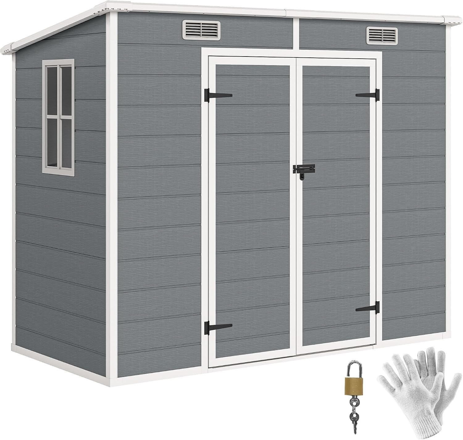 Outsunny 8′ x 4′ Outdoor Storage Shed, Waterproof Resin Plastic Shed with Floor, Window, Lockable Doors and Vents, All-Weather Garden Tool Shed for Backyard, Patio, Lawn, Gray